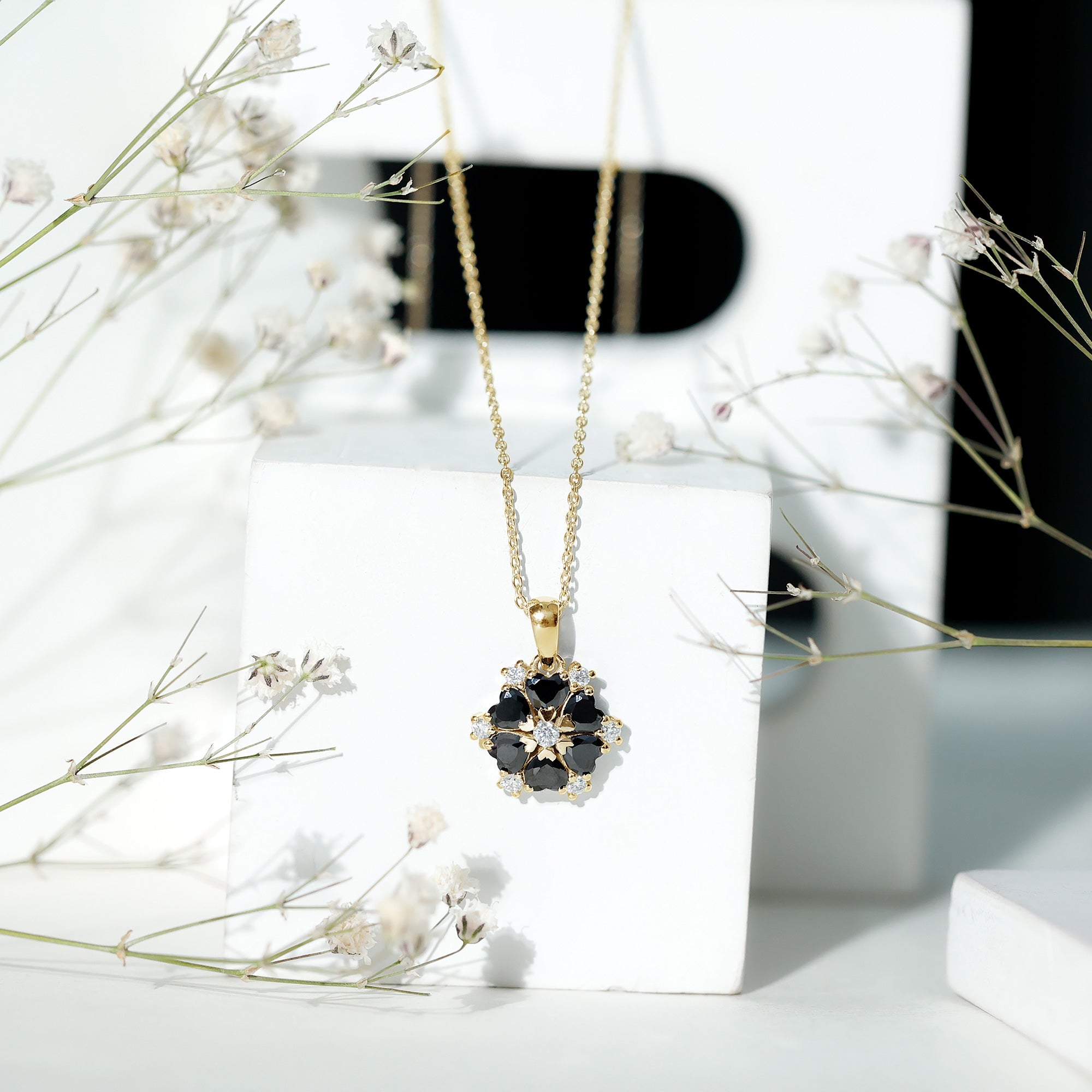 Heart Lab Created Black Diamond Flower Pendant Necklace AAAA ( Synthetic ) - Rosec Jewels