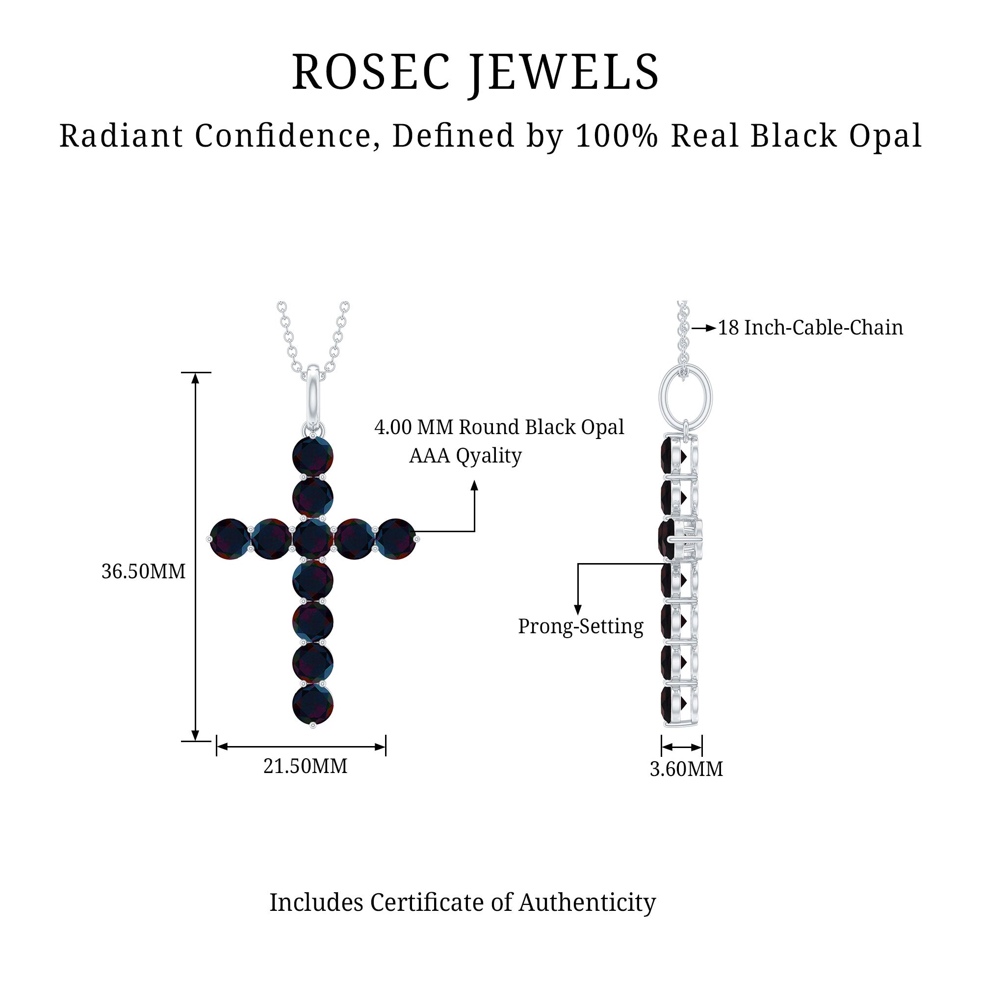 Natural Black Opal Cross Pendant Necklace in Silver AAA 92.5 Sterling Silver - Rosec Jewels