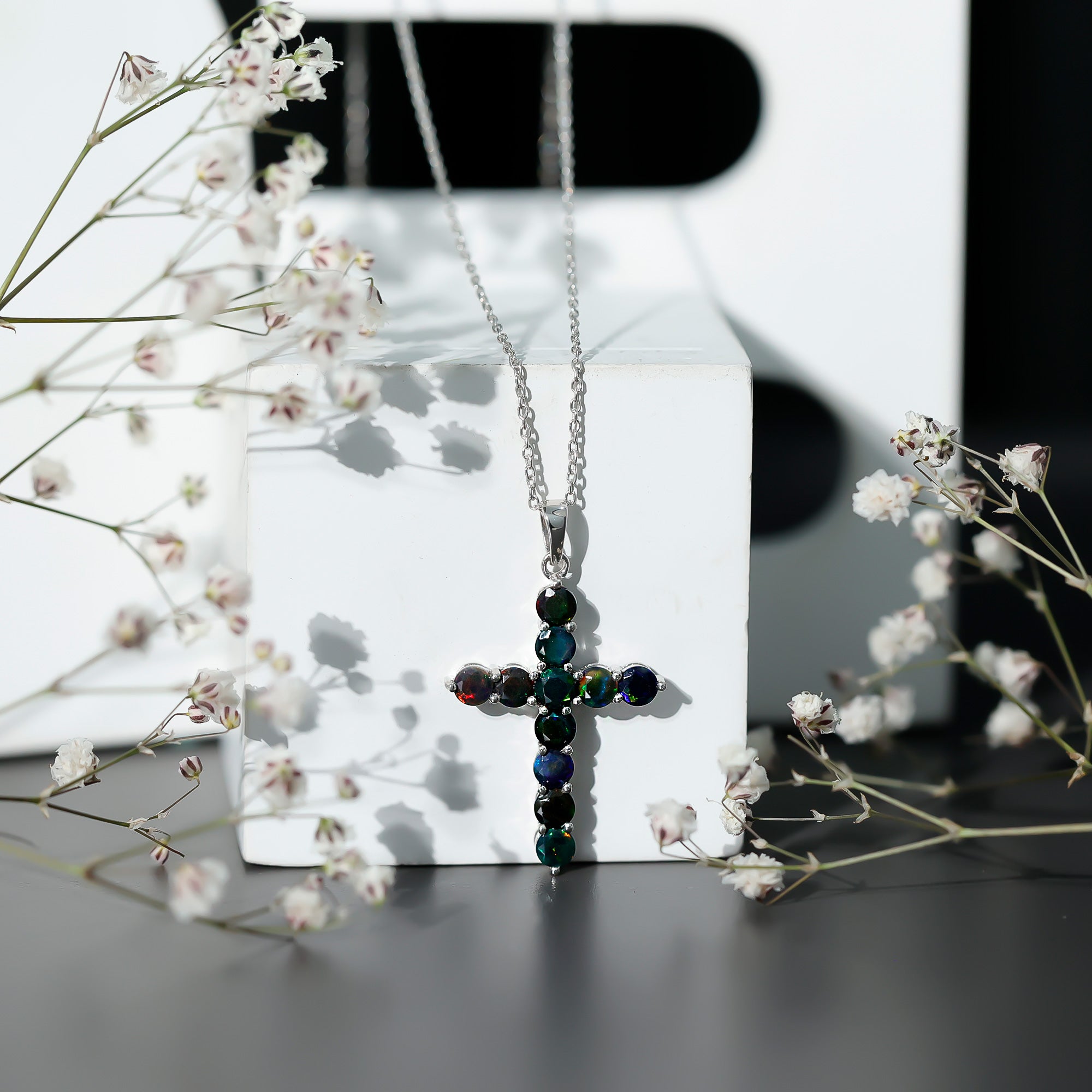 Natural Black Opal Cross Pendant Necklace in Silver AAA 92.5 Sterling Silver - Rosec Jewels