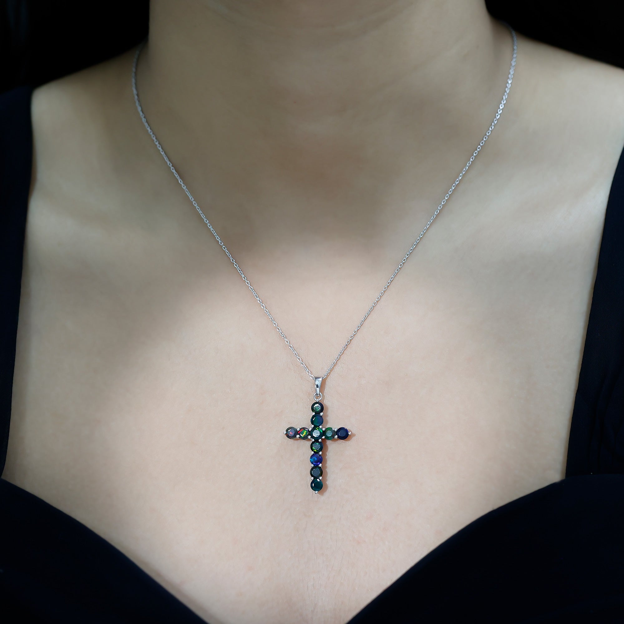 Natural Black Opal Cross Pendant Necklace in Silver AAA 92.5 Sterling Silver - Rosec Jewels