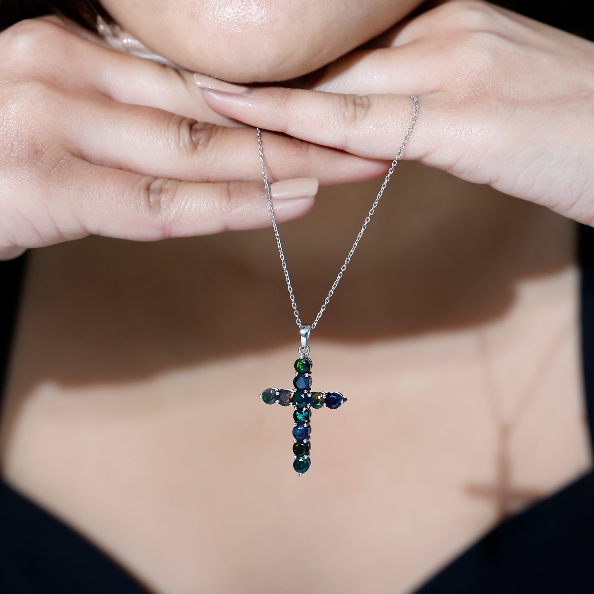 Natural Black Opal Cross Pendant Necklace in Silver AAA 92.5 Sterling Silver - Rosec Jewels