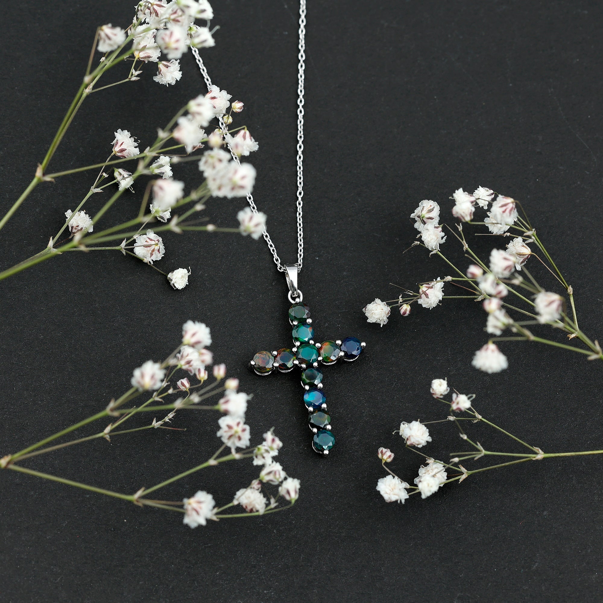 Natural Black Opal Cross Pendant Necklace in Silver AAA 92.5 Sterling Silver - Rosec Jewels