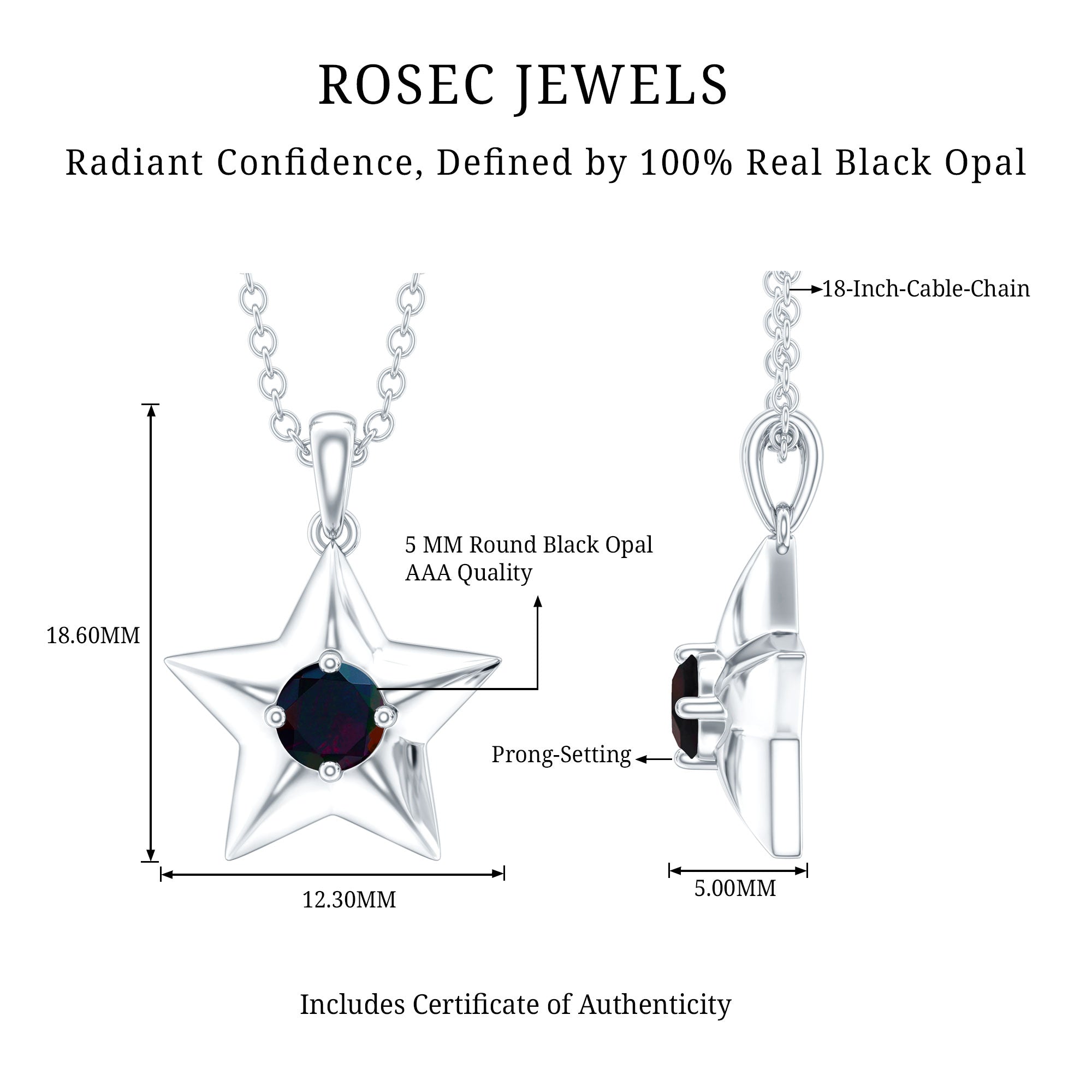 Real Half Carat Black Opal Star Pendant Necklace for Women AAA - Rosec Jewels