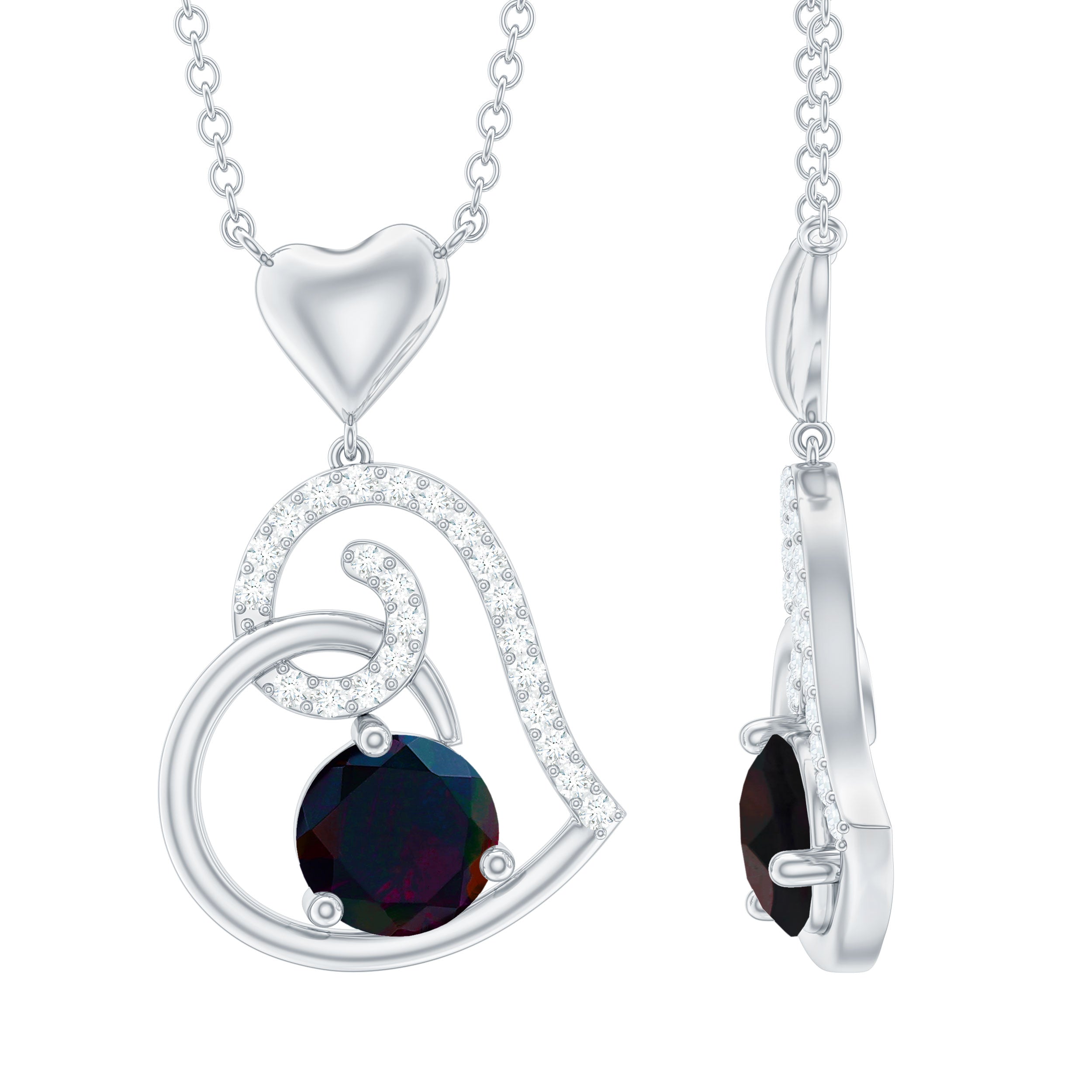 Genuine Black Opal and Moissanite Heart Drop Necklace AAA - Rosec Jewels