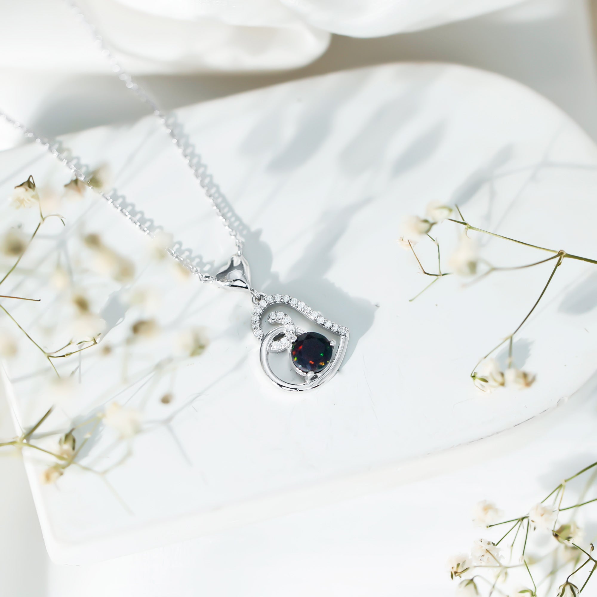Genuine Black Opal and Moissanite Heart Drop Necklace AAA - Rosec Jewels