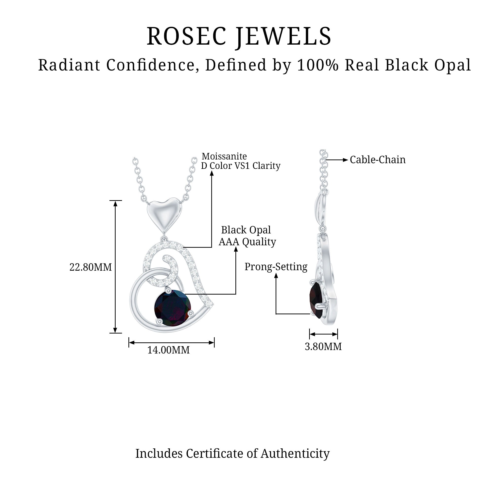 Genuine Black Opal and Moissanite Heart Drop Necklace AAA - Rosec Jewels