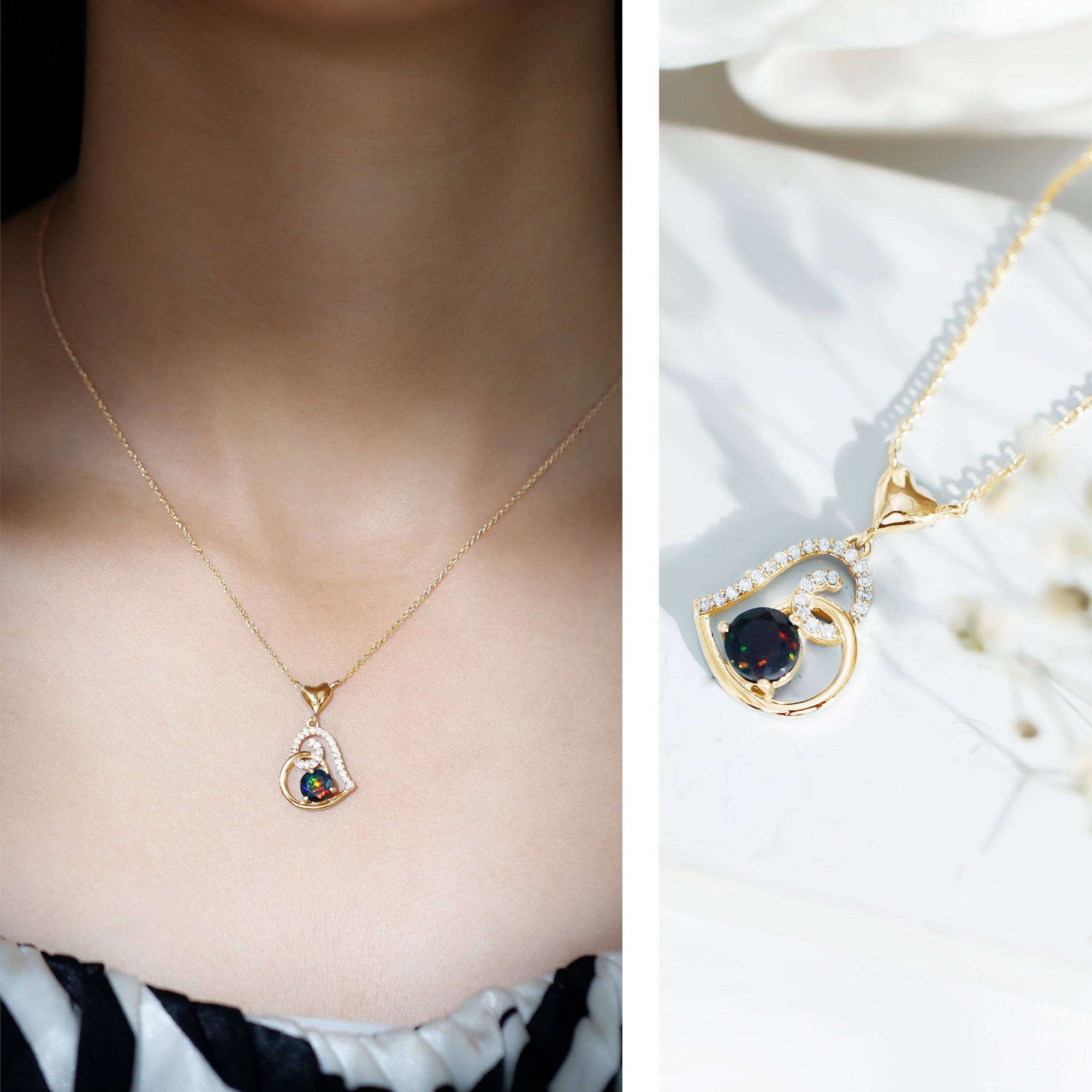 Genuine Black Opal and Moissanite Heart Drop Necklace AAA - Rosec Jewels
