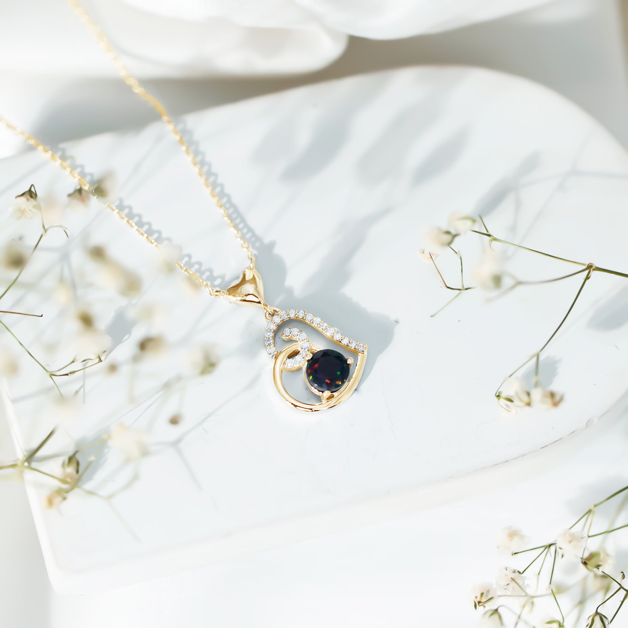 Genuine Black Opal and Moissanite Heart Drop Necklace AAA - Rosec Jewels