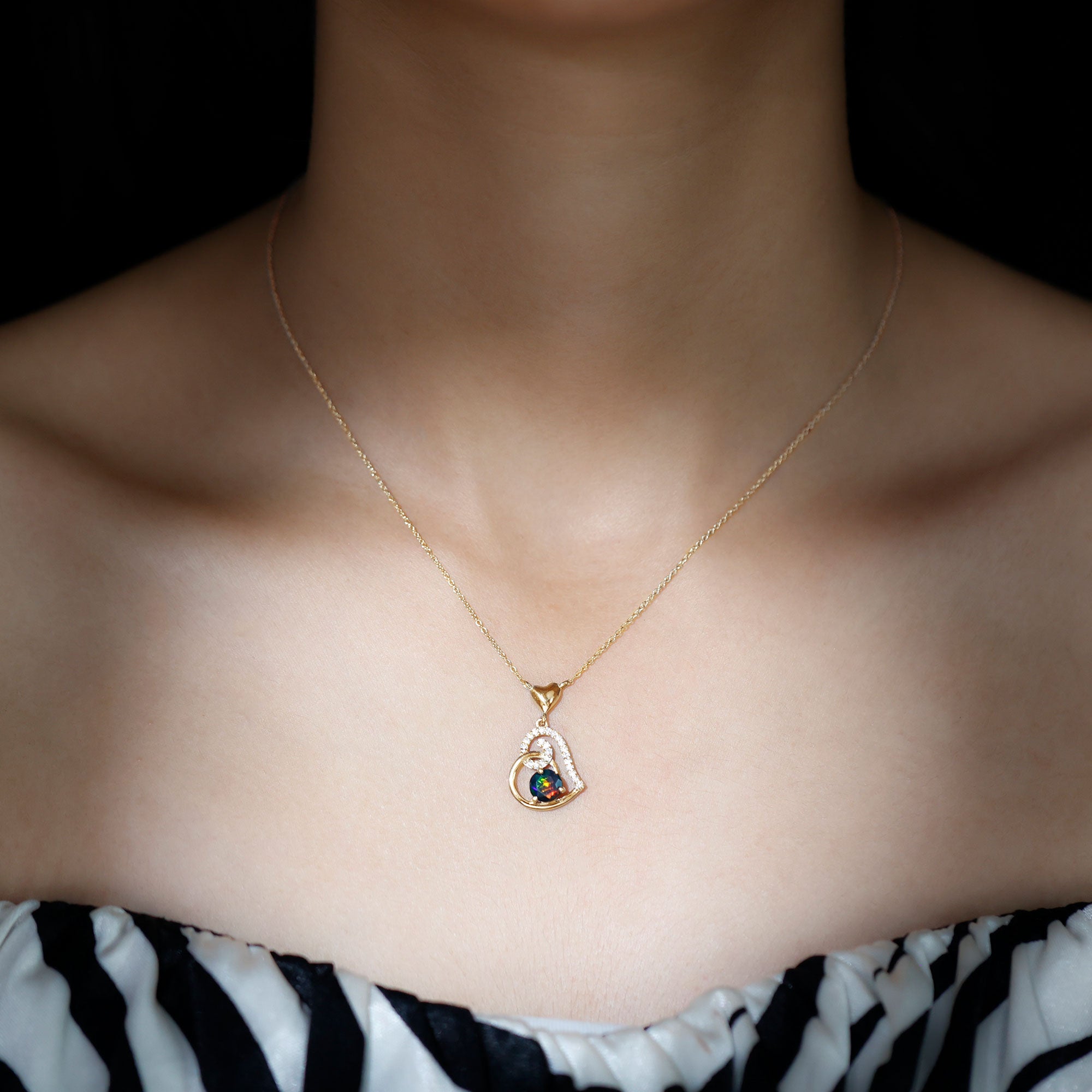 Genuine Black Opal and Moissanite Heart Drop Necklace AAA - Rosec Jewels