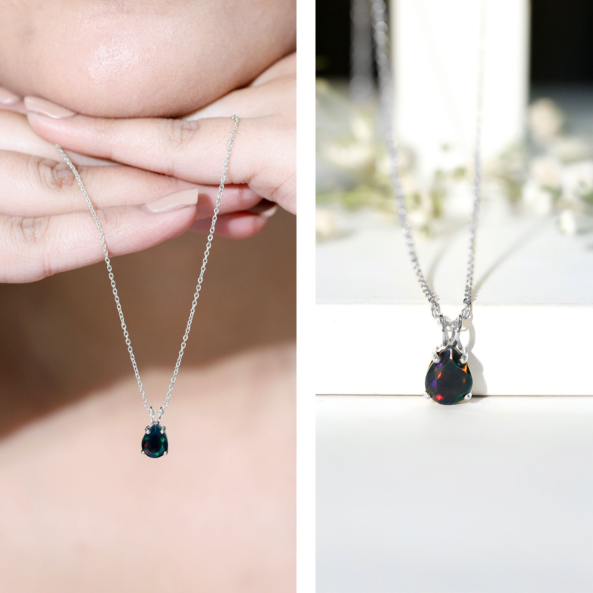 Natural Solitaire Black Opal Teardrop Necklace With Chain AAA - Rosec Jewels