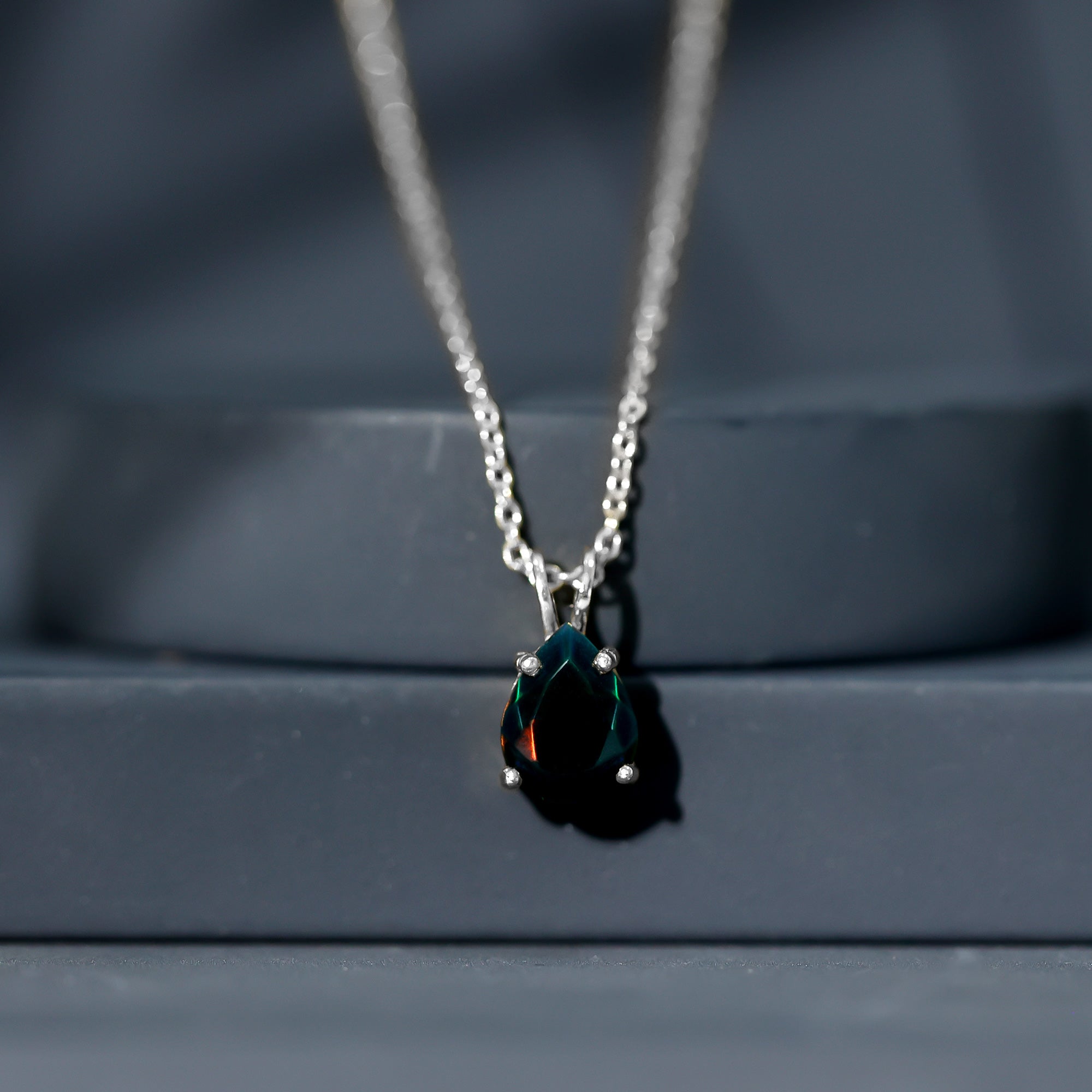 Natural Solitaire Black Opal Teardrop Necklace With Chain AAA - Rosec Jewels