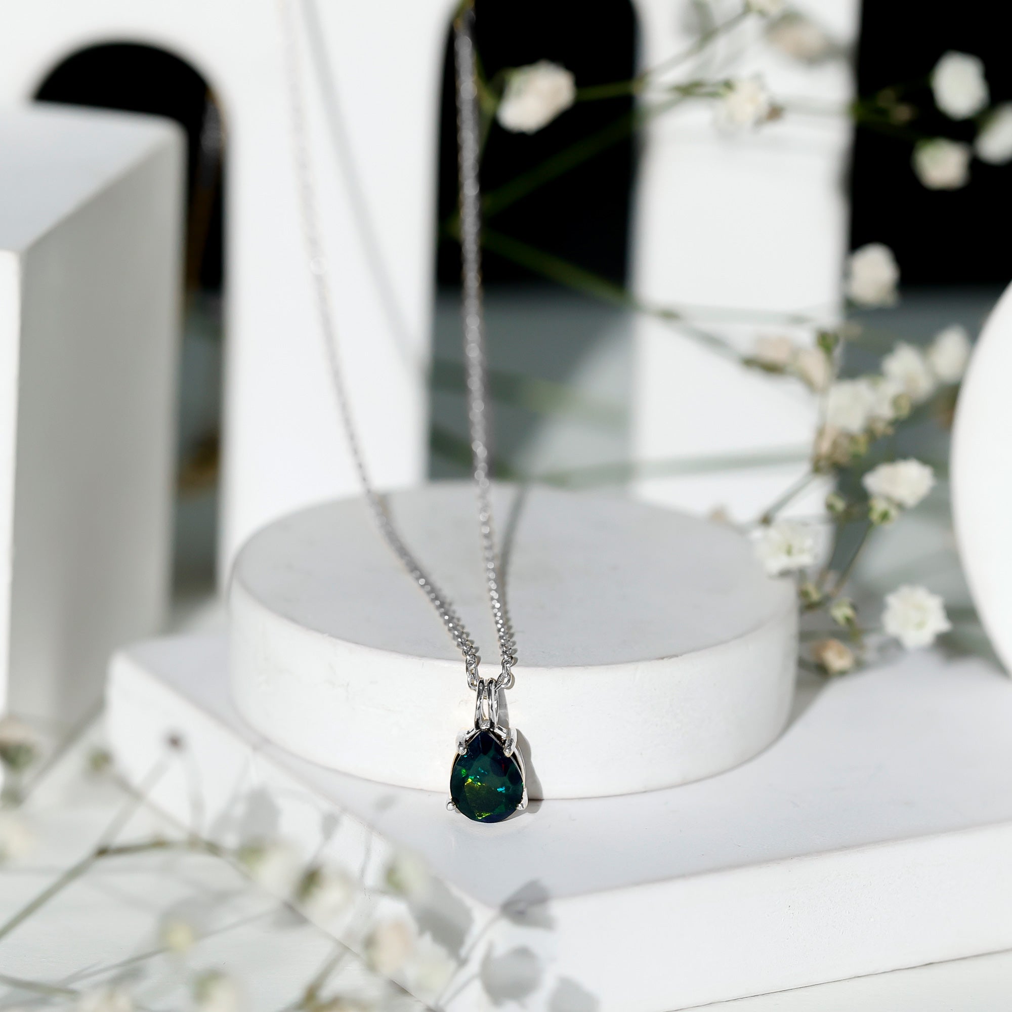 Natural Solitaire Black Opal Teardrop Necklace With Chain AAA - Rosec Jewels