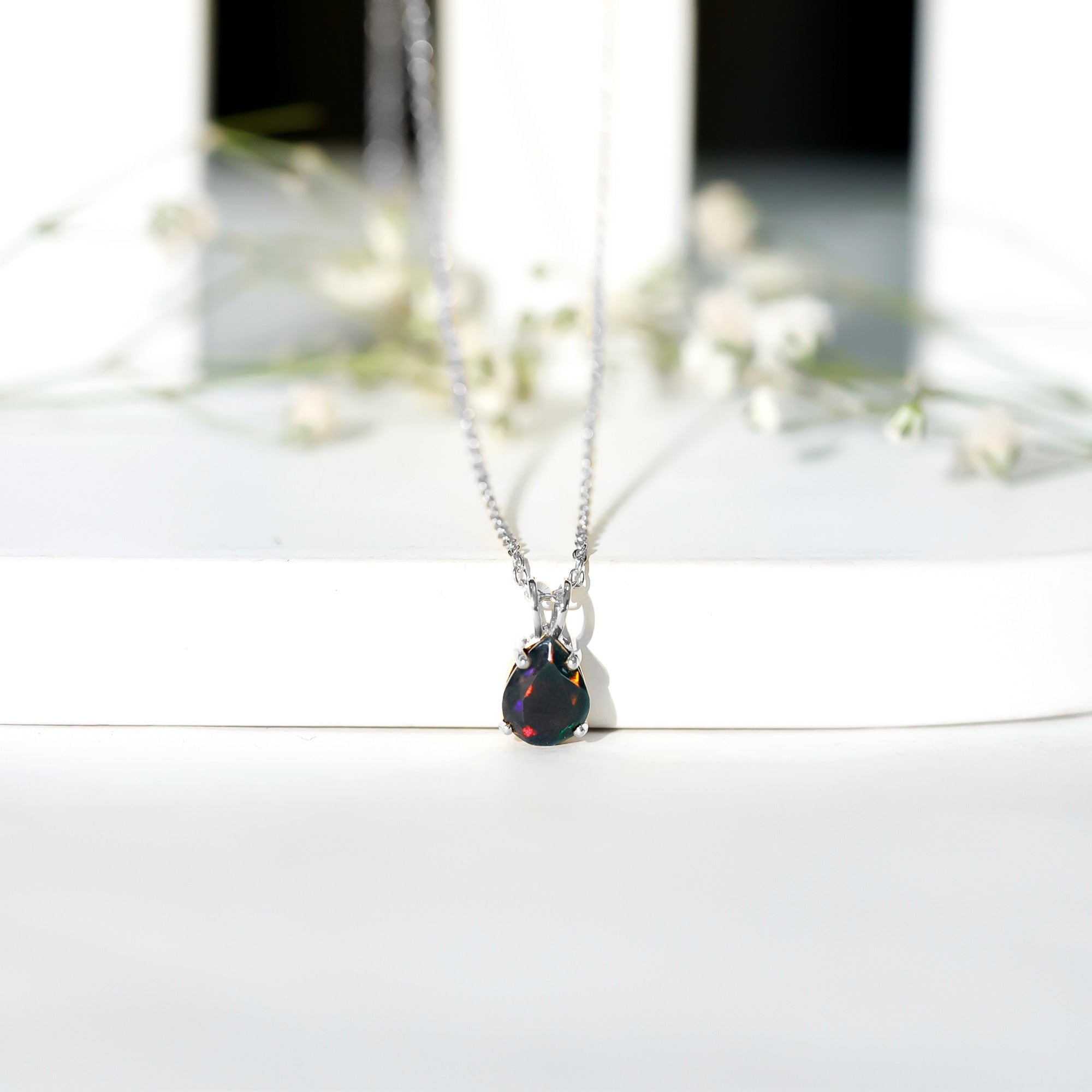 Natural Solitaire Black Opal Teardrop Necklace With Chain AAA - Rosec Jewels