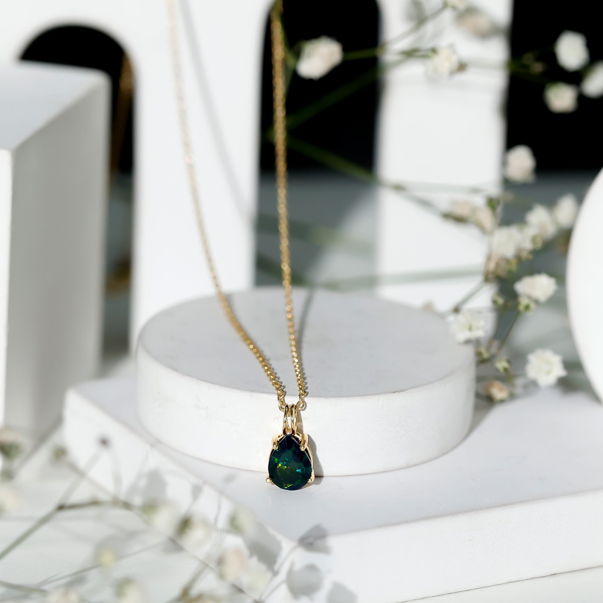 Natural Solitaire Black Opal Teardrop Necklace With Chain AAA - Rosec Jewels
