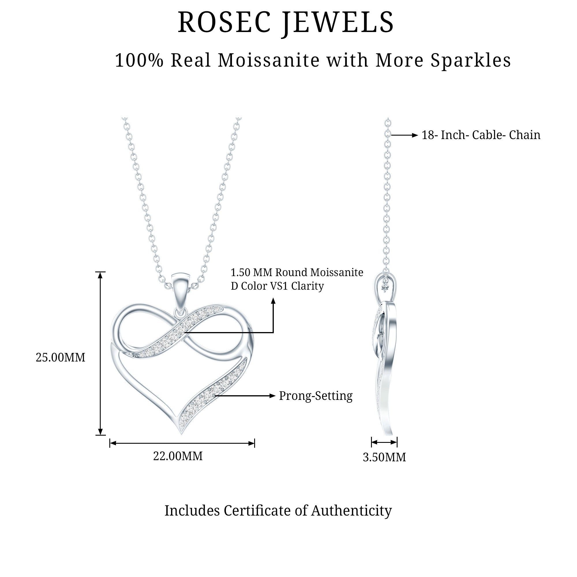 Certified Moissanite Heart and Infinity Necklace with Silver Chain D-VS1 92.5 Sterling Silver - Rosec Jewels