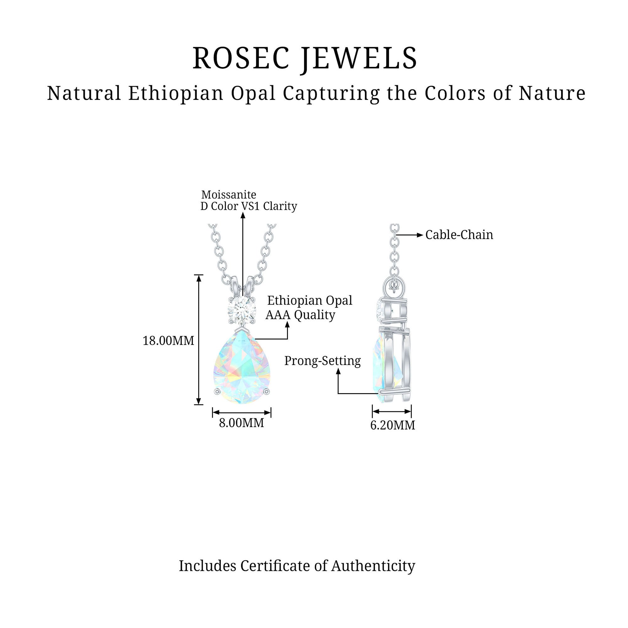 Simple Ethiopian Opal Teardrop Silver Pendant with Moissanite - Rosec Jewels