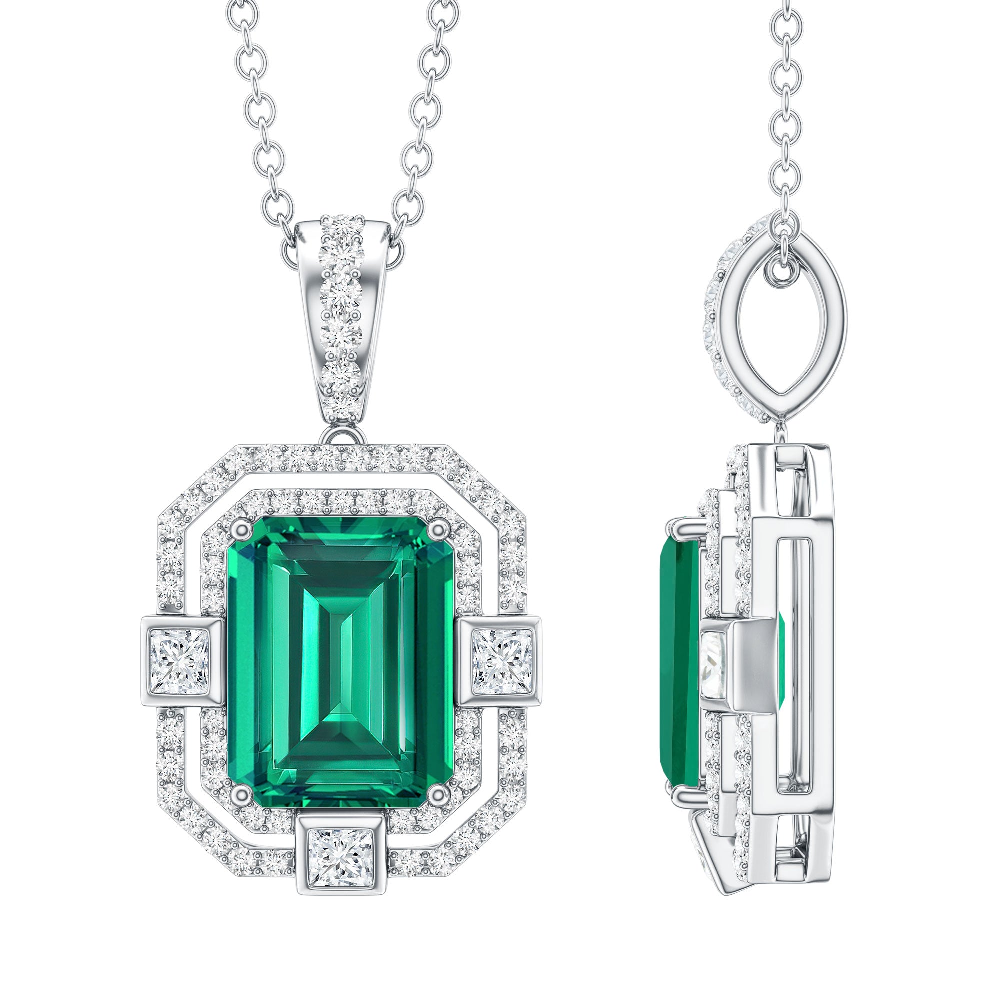 Octagon Cut Lab Created Emerald Vintage Necklace With Chain AAAA - Rosec Jewels