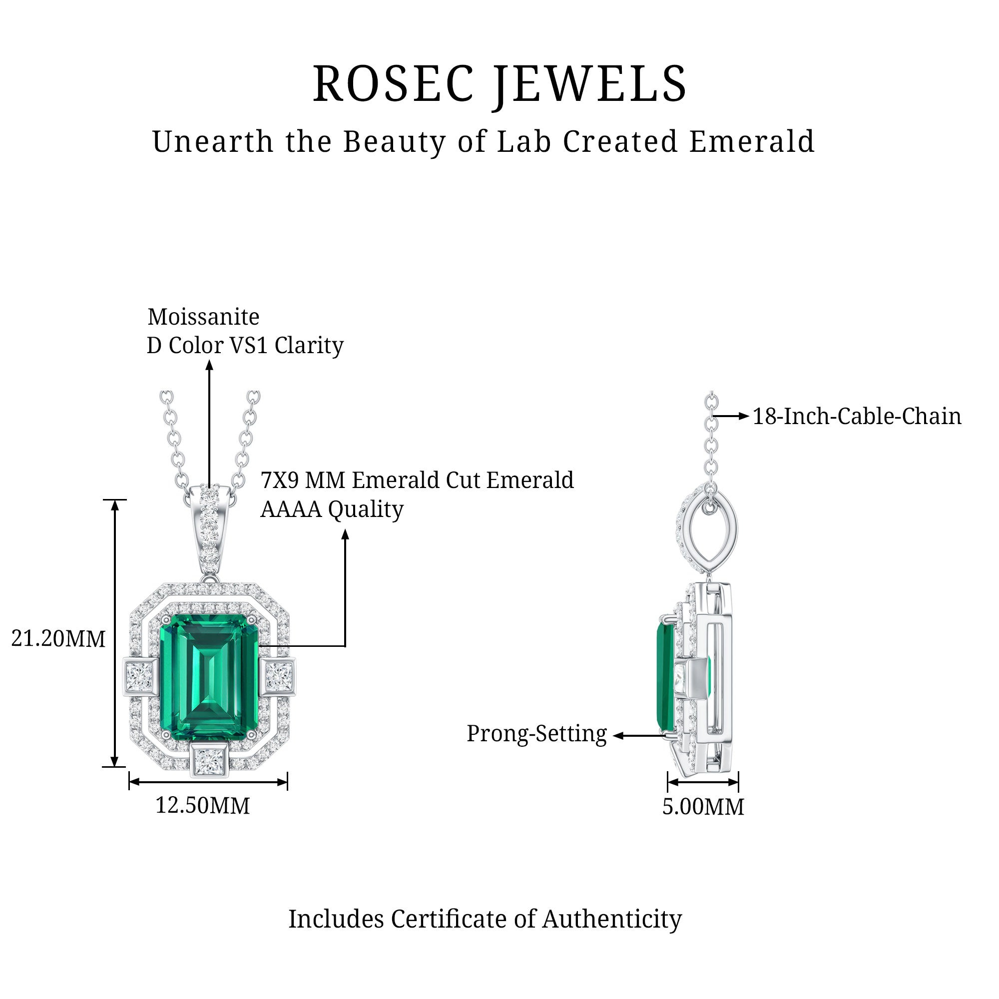 Octagon Cut Lab Created Emerald Vintage Necklace With Chain AAAA - Rosec Jewels