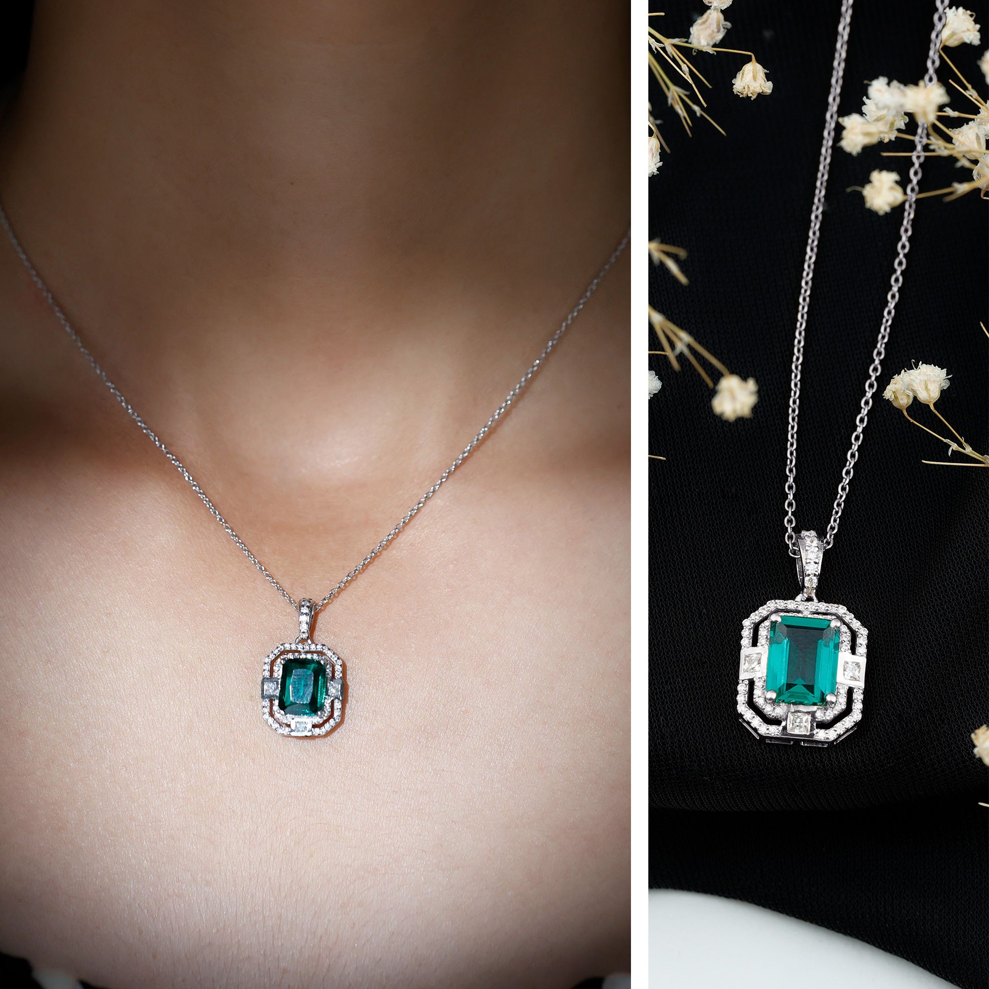 Octagon Cut Lab Created Emerald Vintage Necklace With Chain AAAA - Rosec Jewels