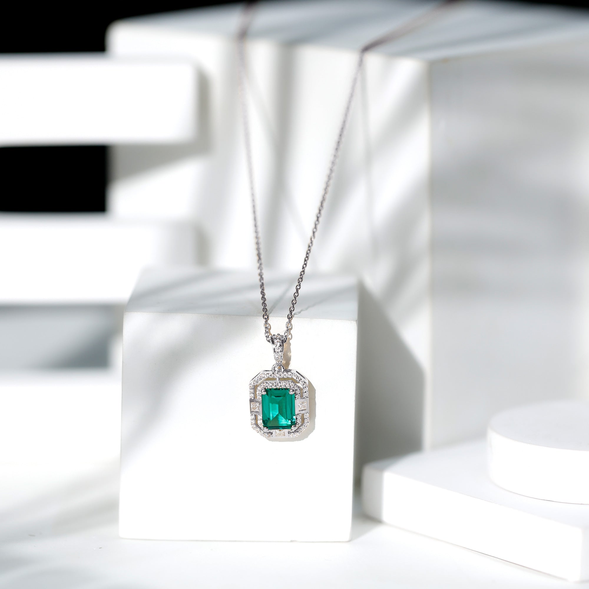 Octagon Cut Lab Created Emerald Vintage Necklace With Chain AAAA - Rosec Jewels