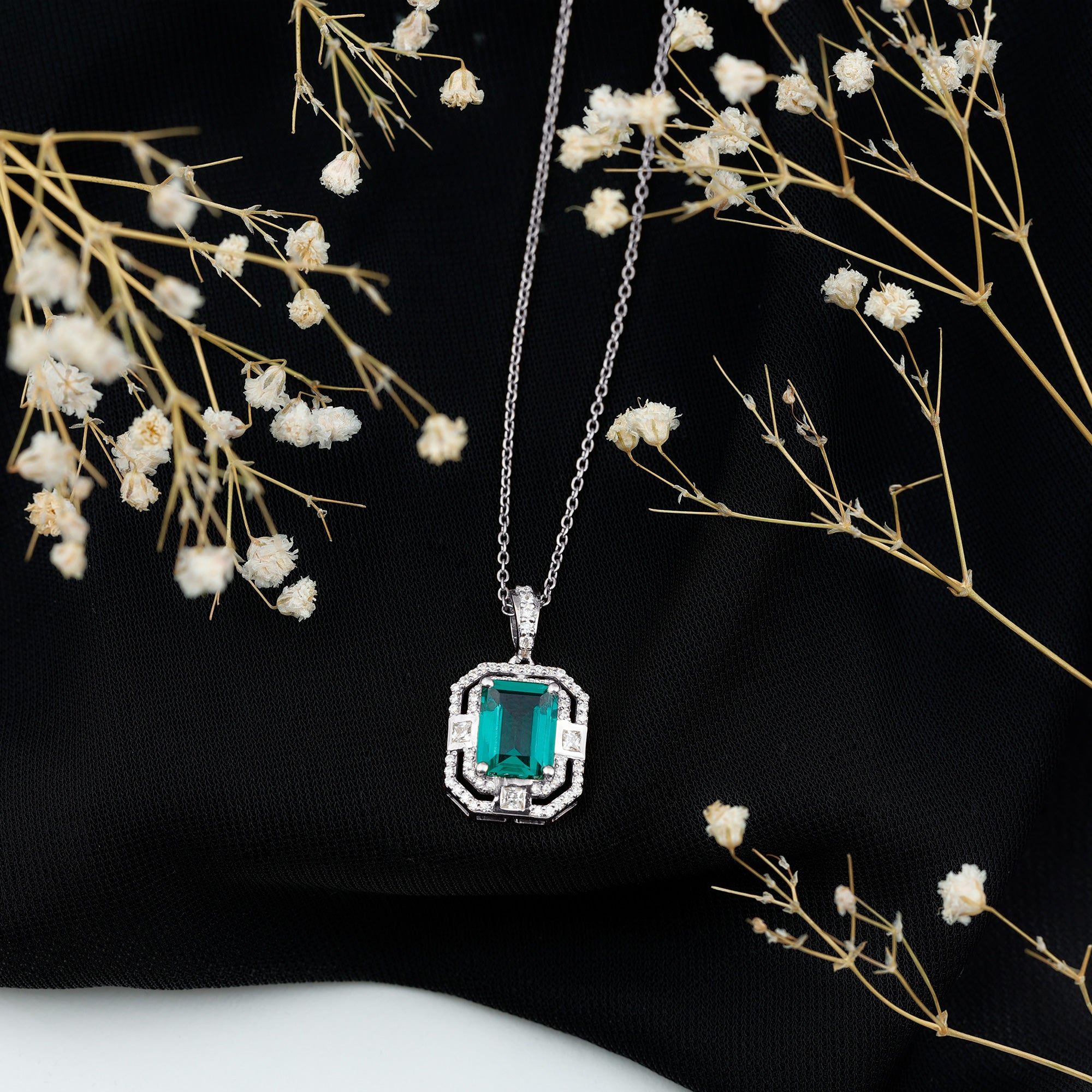 Octagon Cut Lab Created Emerald Vintage Necklace With Chain AAAA - Rosec Jewels