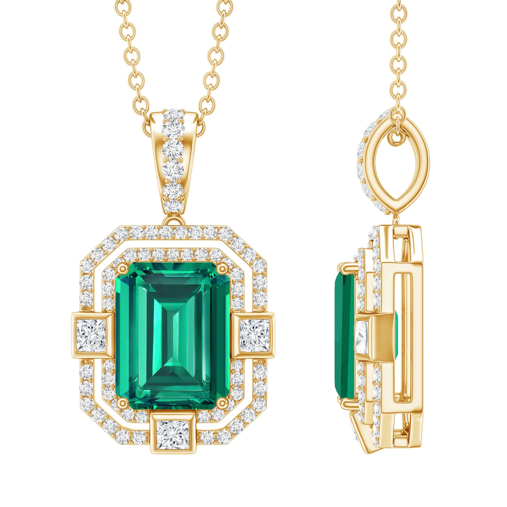 Octagon Cut Lab Created Emerald Vintage Necklace With Chain AAAA - Rosec Jewels
