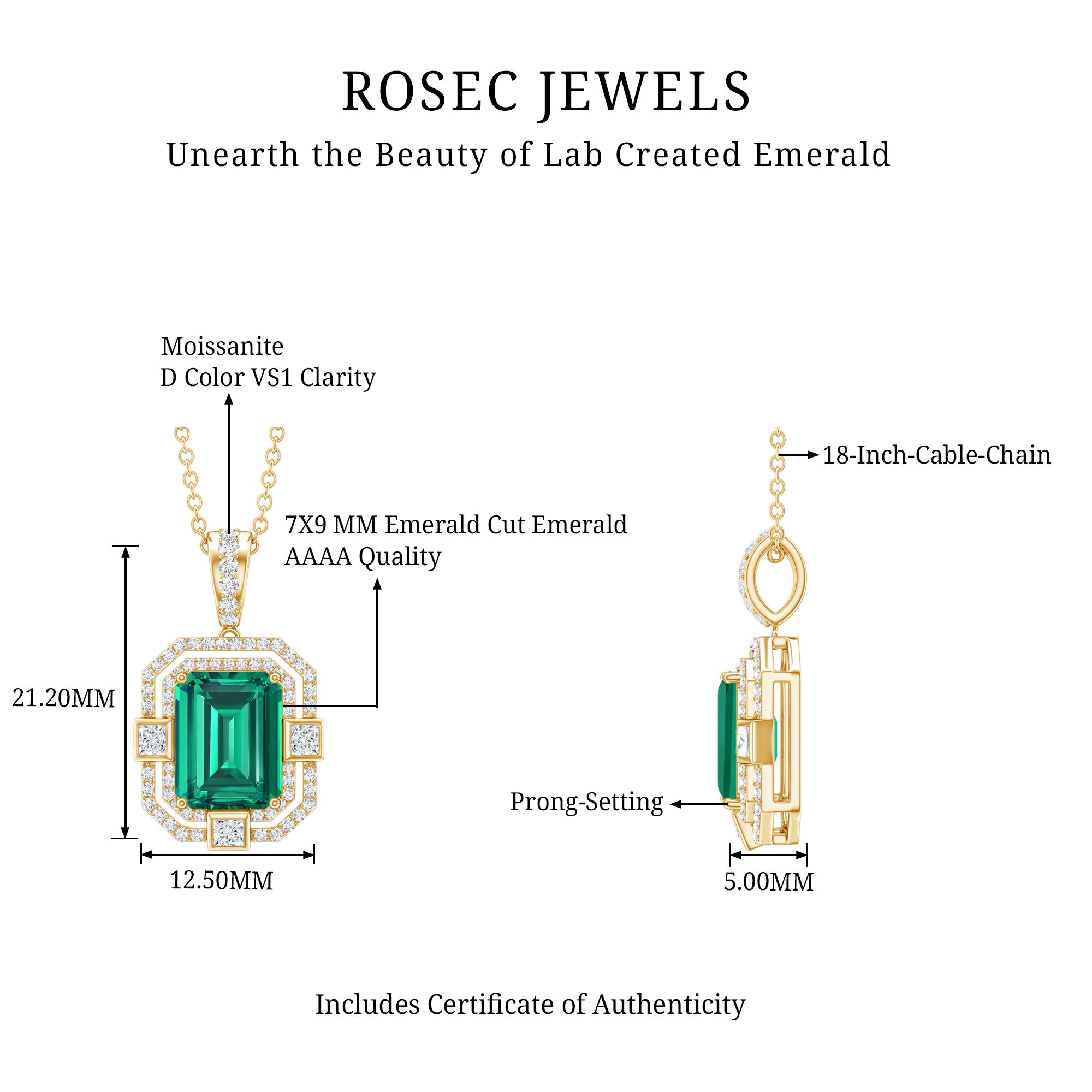 Octagon Cut Lab Created Emerald Vintage Necklace With Chain AAAA - Rosec Jewels