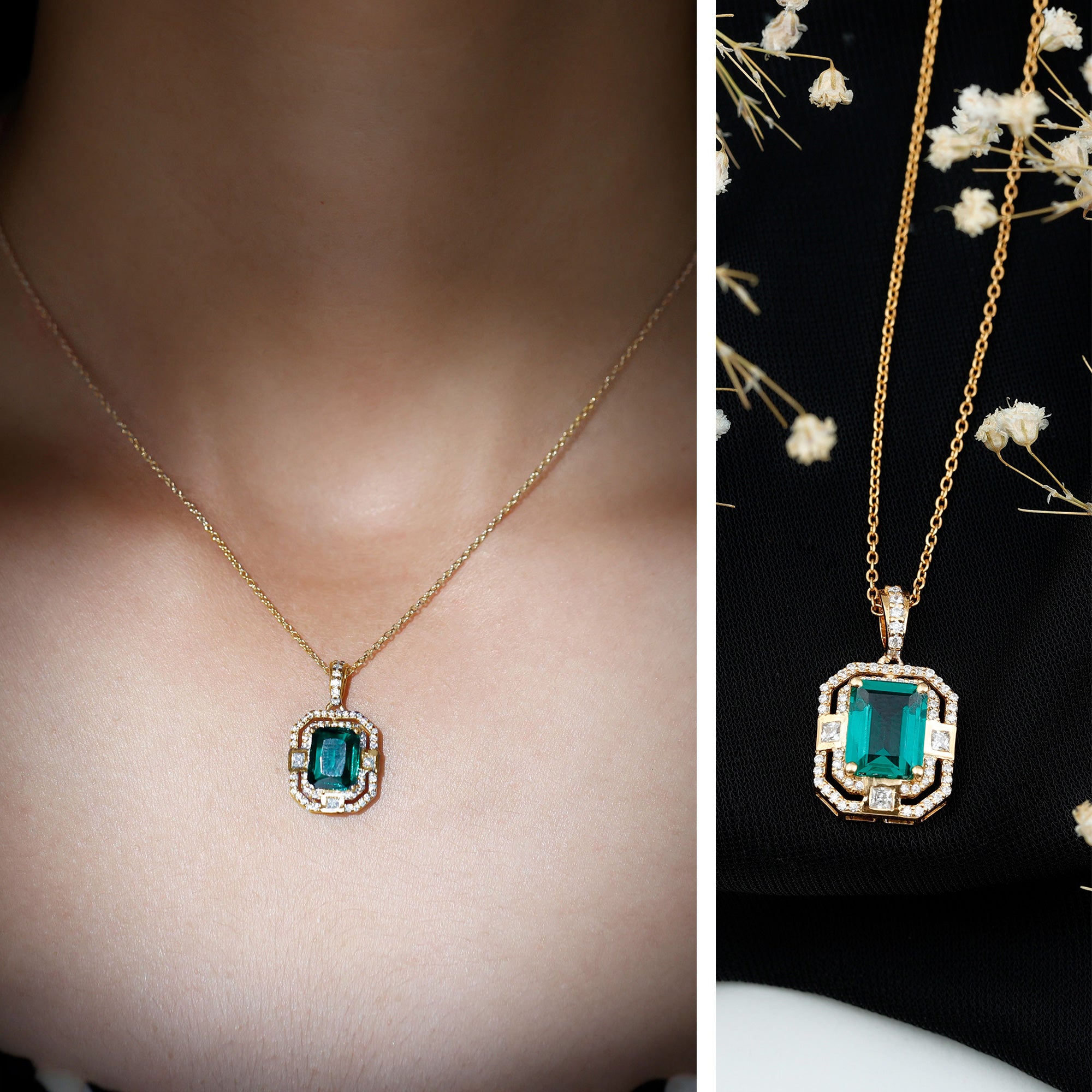 Octagon Cut Lab Created Emerald Vintage Necklace With Chain AAAA - Rosec Jewels