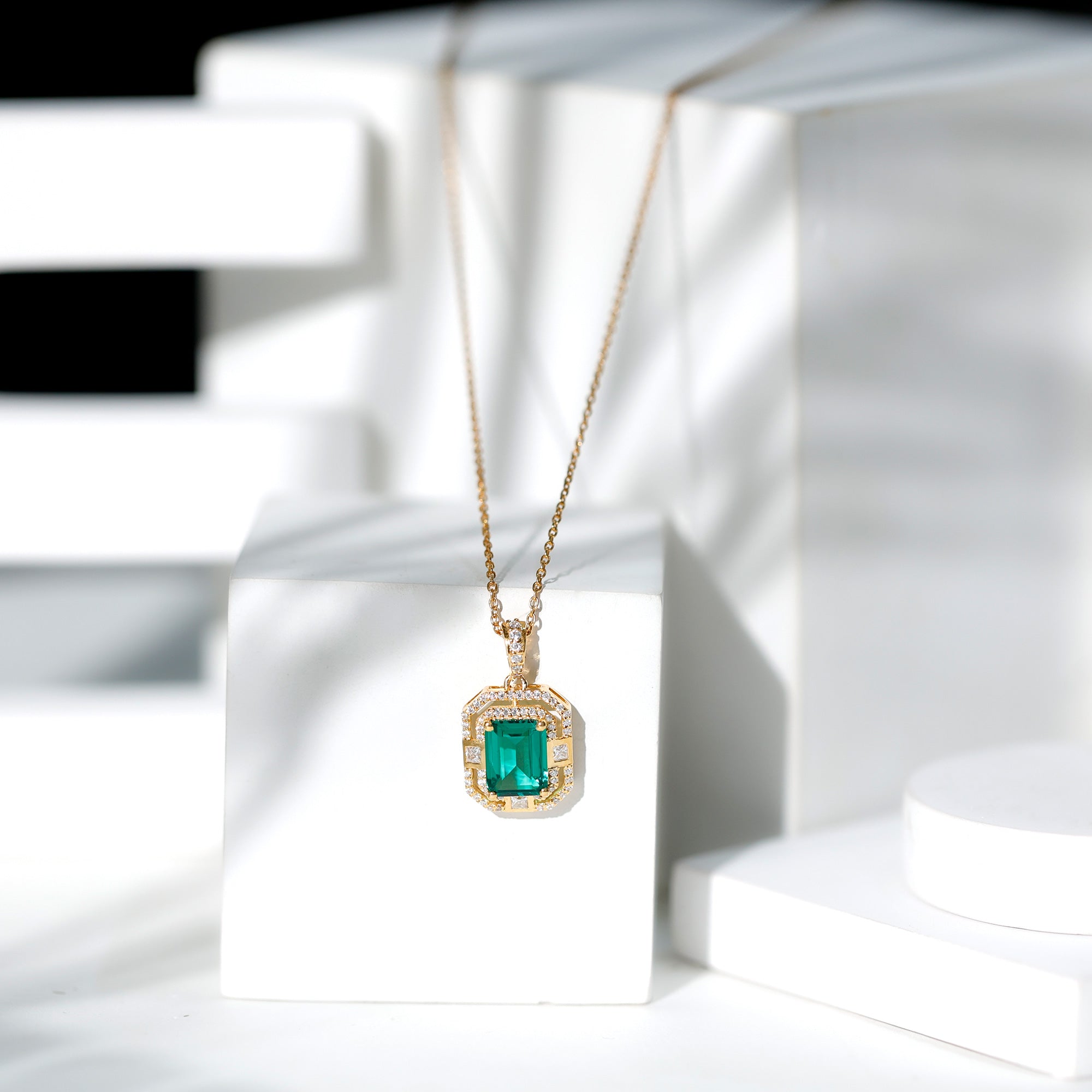 Octagon Cut Lab Created Emerald Vintage Necklace With Chain AAAA - Rosec Jewels
