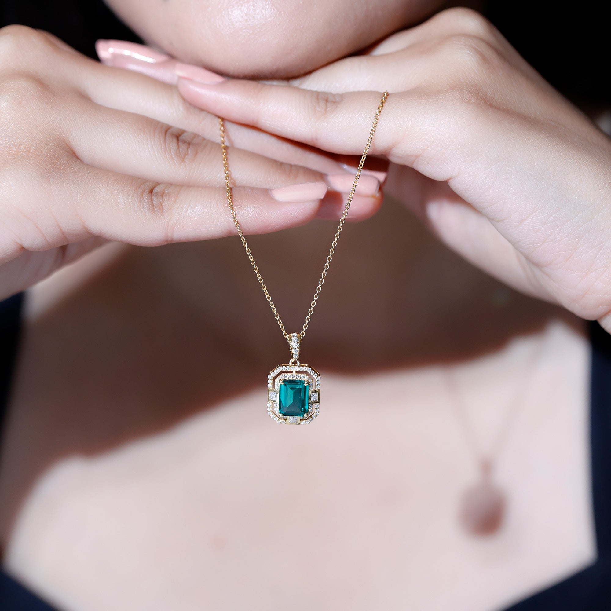 Octagon Cut Lab Created Emerald Vintage Necklace With Chain AAAA - Rosec Jewels