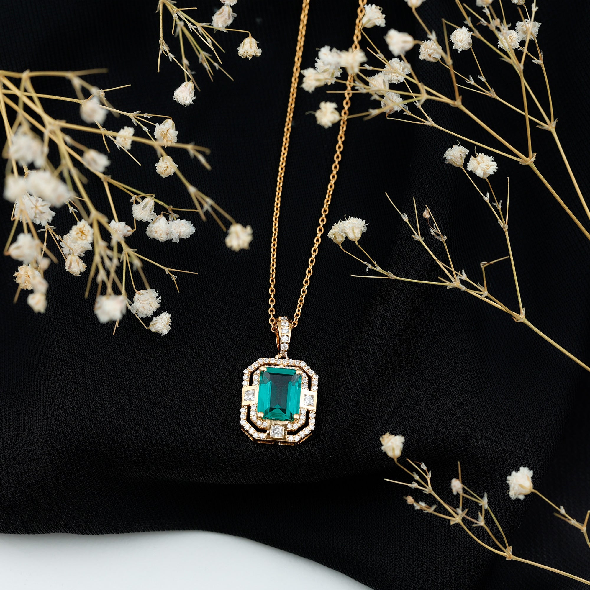 Octagon Cut Lab Created Emerald Vintage Necklace With Chain AAAA - Rosec Jewels