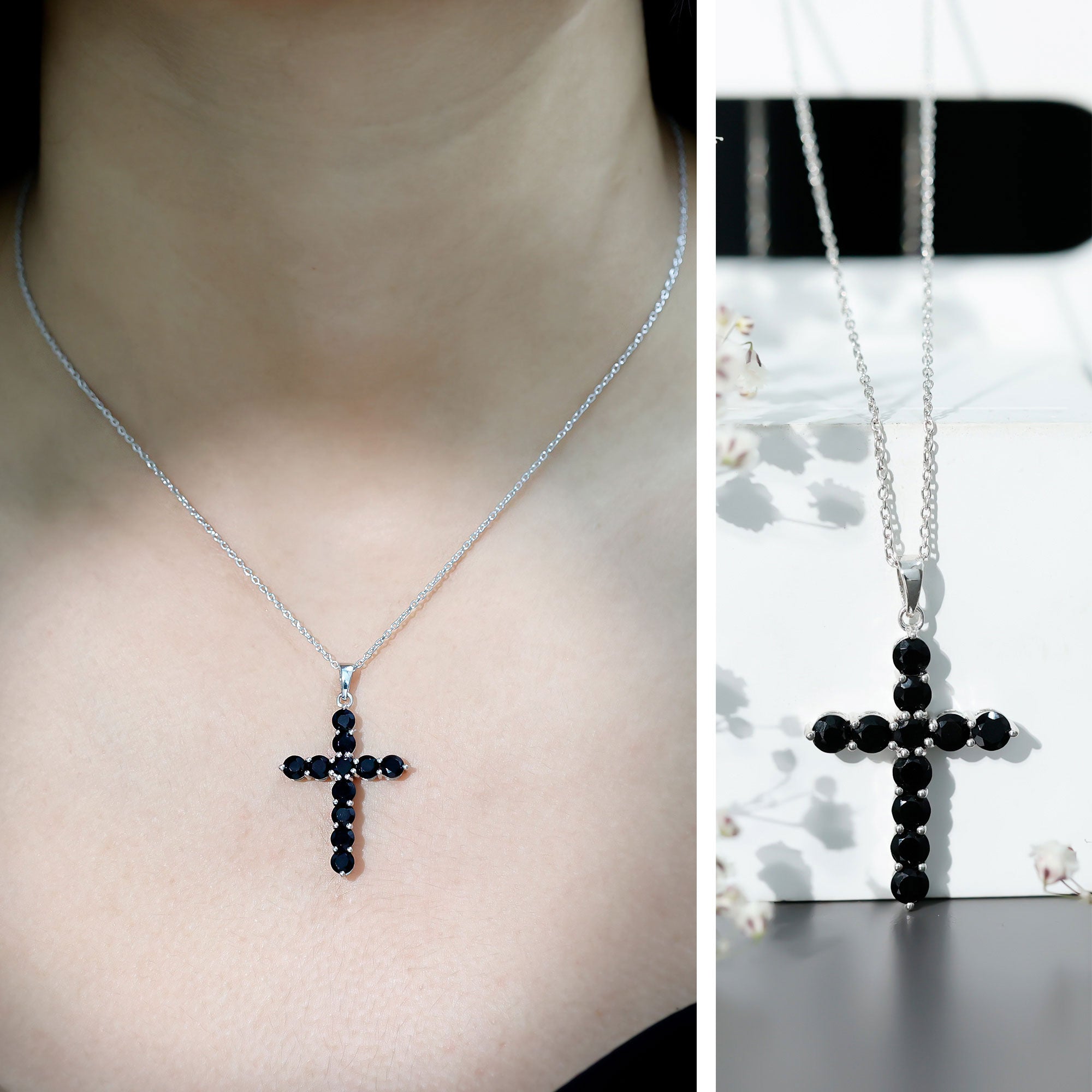Certified Real Black Onyx Cross Pendant Necklace with Silver Chain AAA 92.5 Sterling Silver - Rosec Jewels