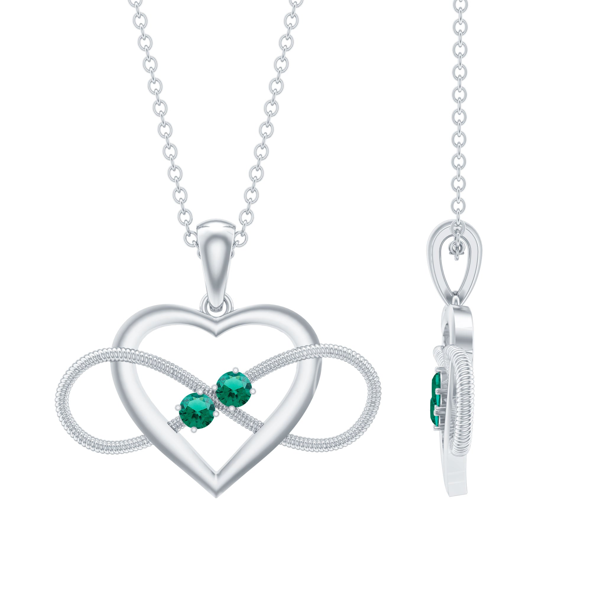 Lab Created Emerald Heart and Infinity Pendant Necklace AAAA - Rosec Jewels