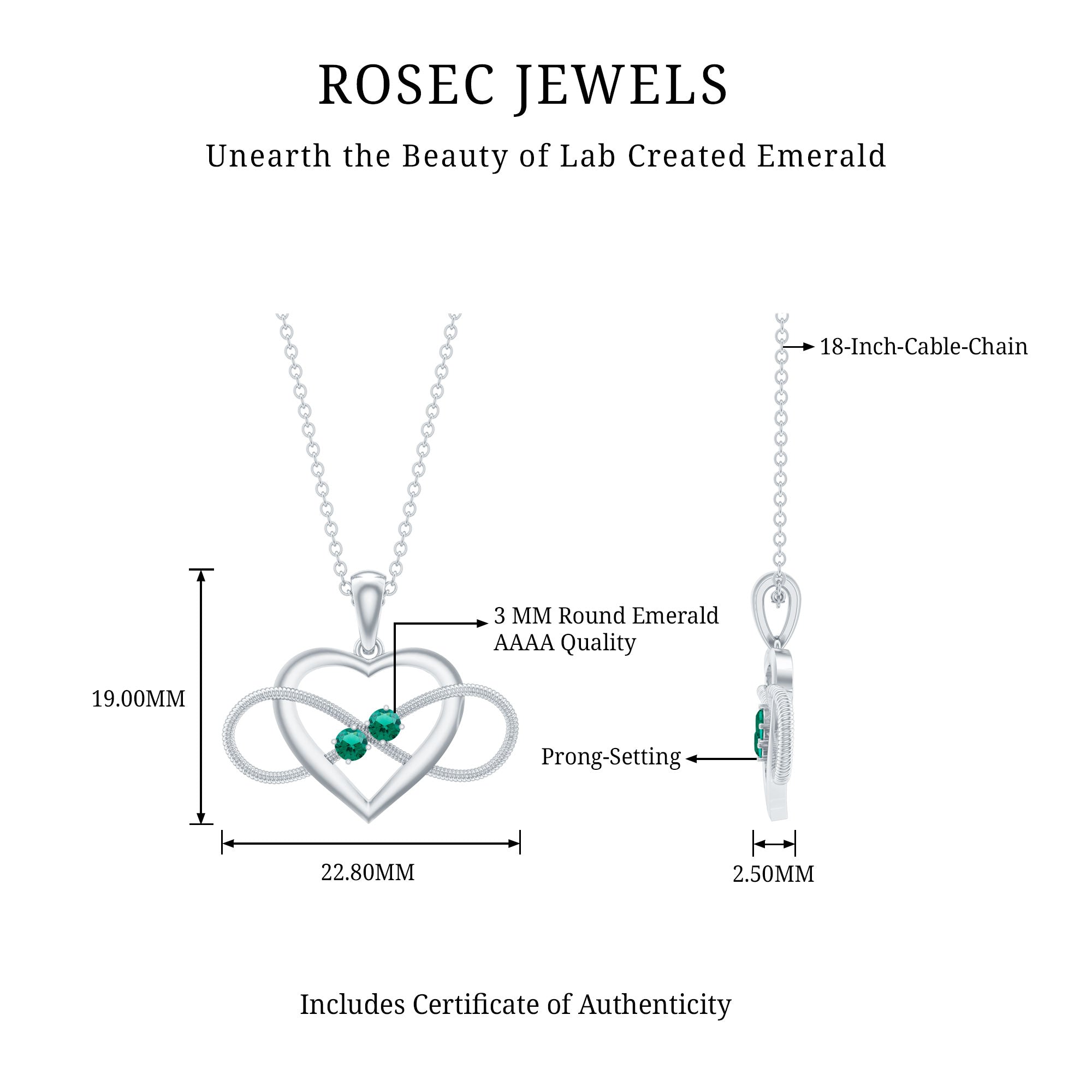 Lab Created Emerald Heart and Infinity Pendant Necklace AAAA - Rosec Jewels