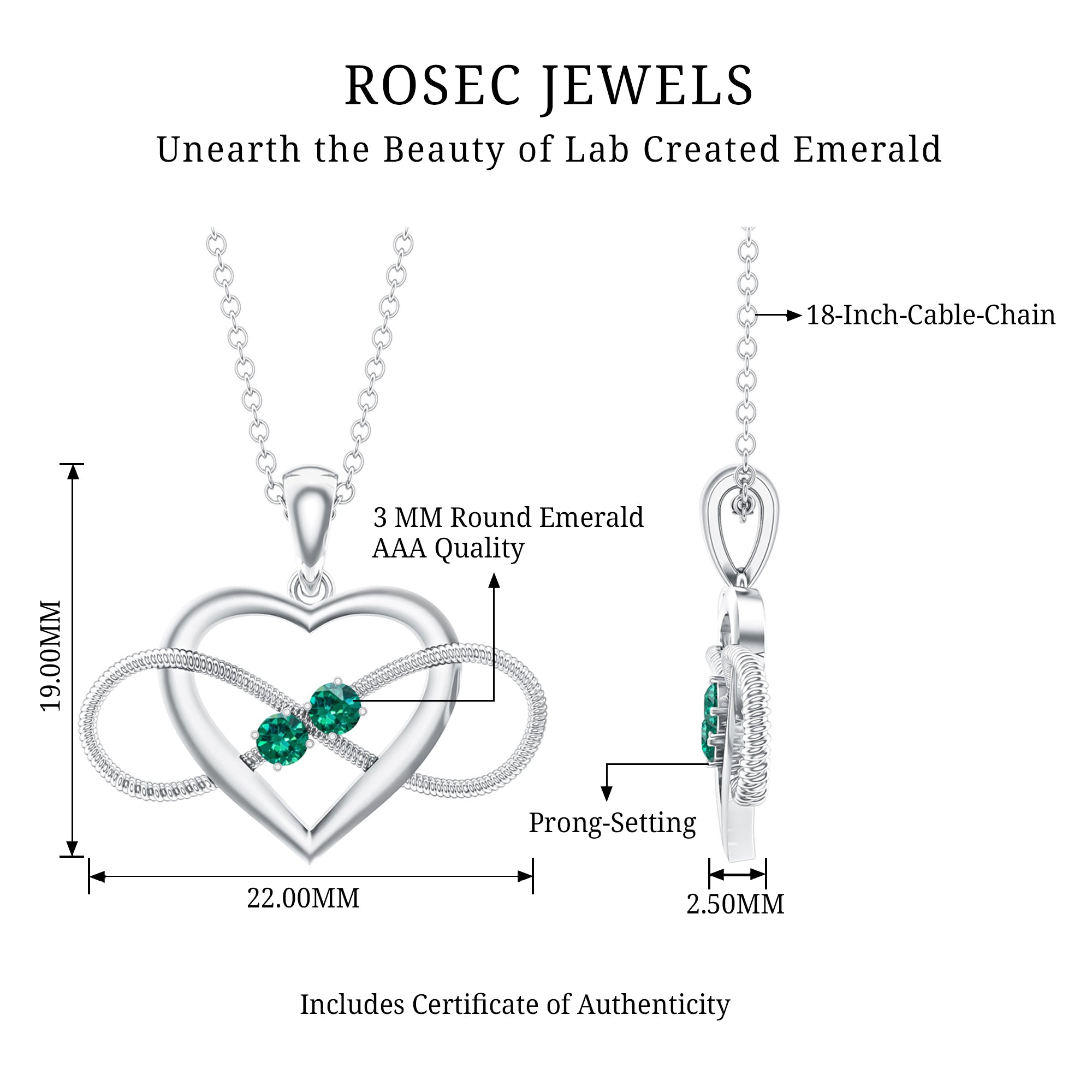 Lab Created Emerald Heart and Infinity Pendant Necklace AAAA - Rosec Jewels