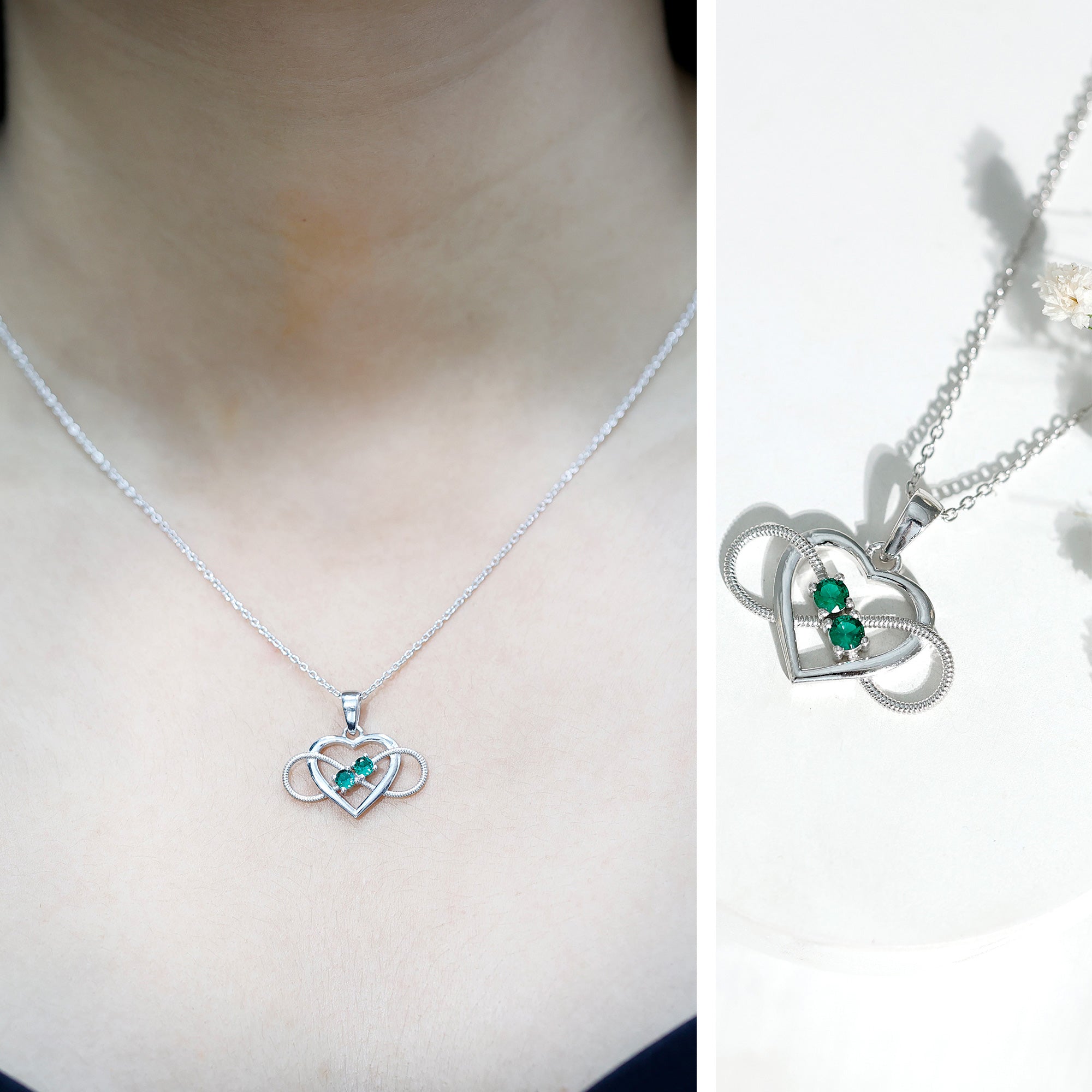 Lab Created Emerald Heart and Infinity Pendant Necklace AAAA - Rosec Jewels