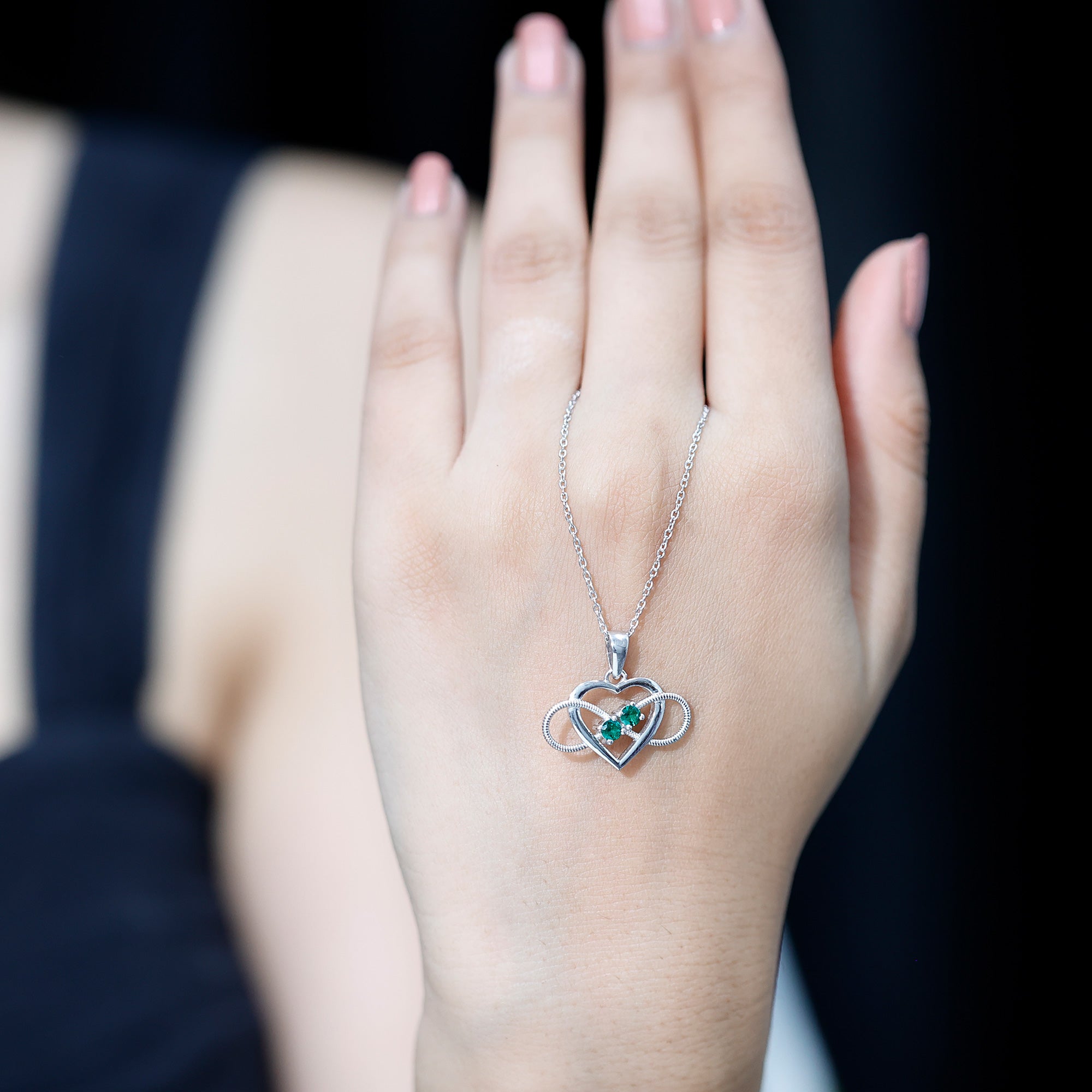 Lab Created Emerald Heart and Infinity Pendant Necklace AAAA - Rosec Jewels