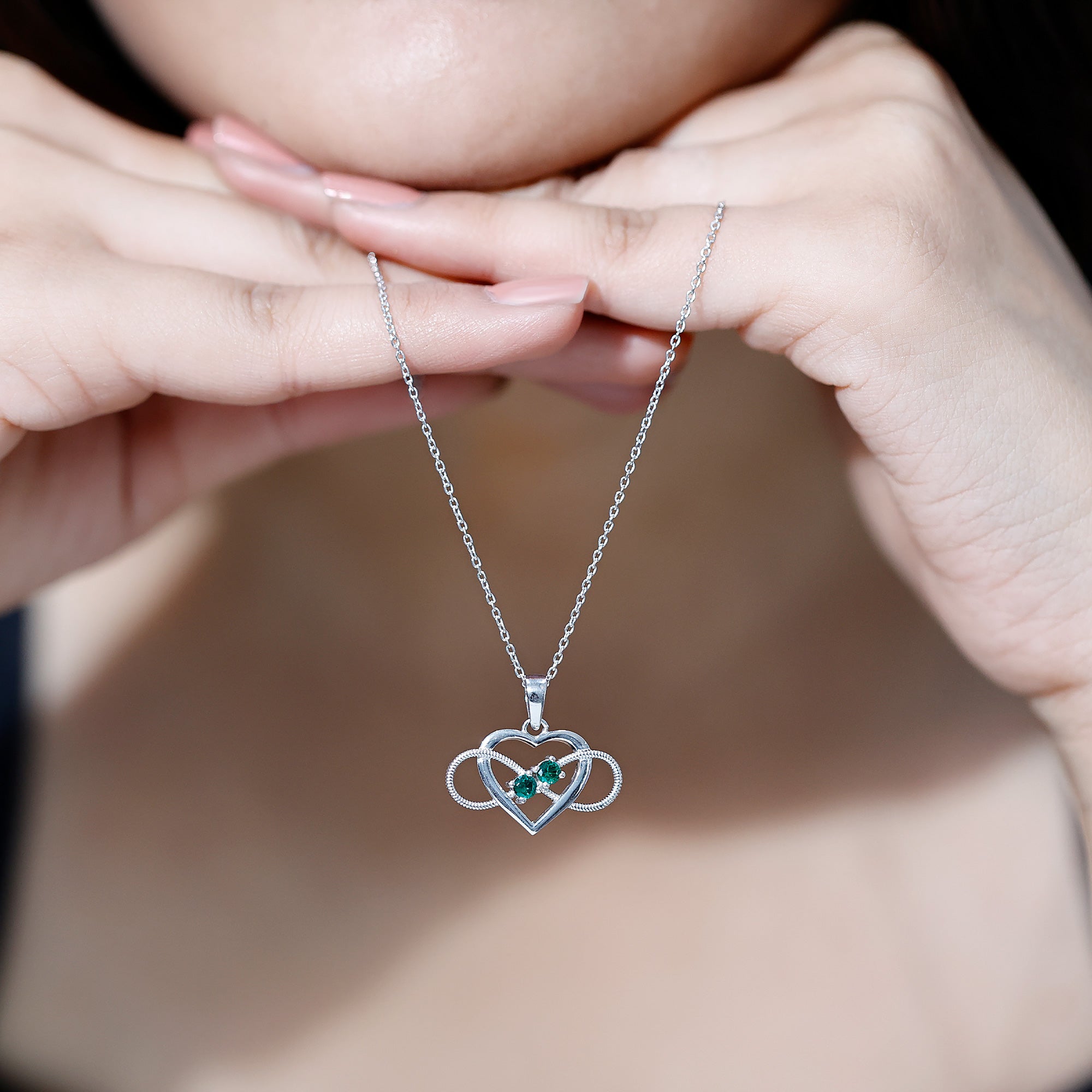 Lab Created Emerald Heart and Infinity Pendant Necklace AAAA - Rosec Jewels