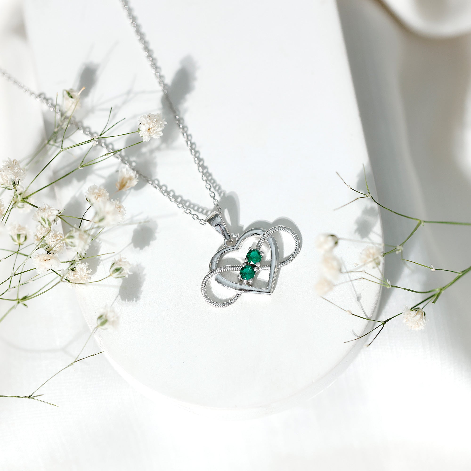 Lab Created Emerald Heart and Infinity Pendant Necklace AAAA - Rosec Jewels