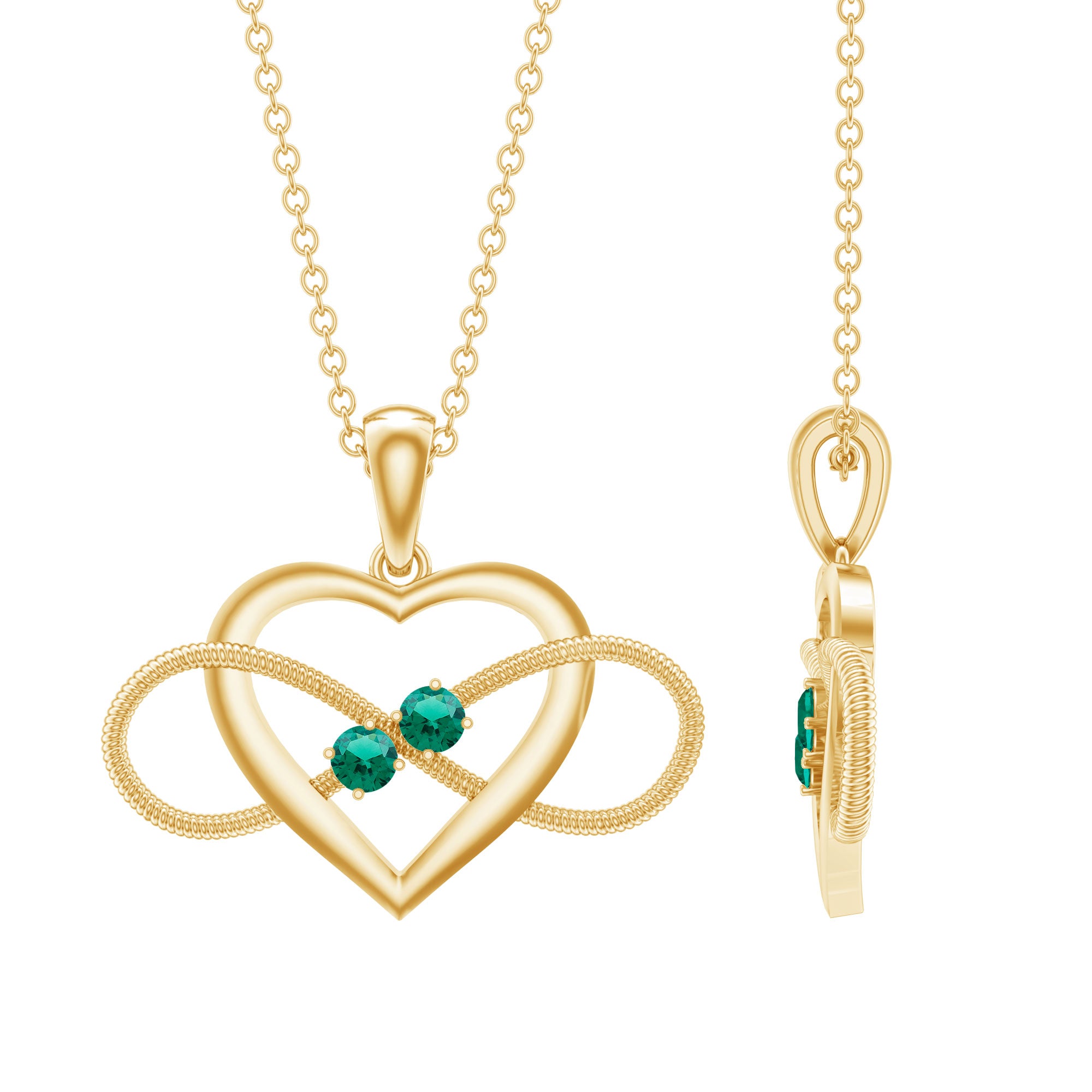 Lab Created Emerald Heart and Infinity Pendant Necklace AAAA - Rosec Jewels