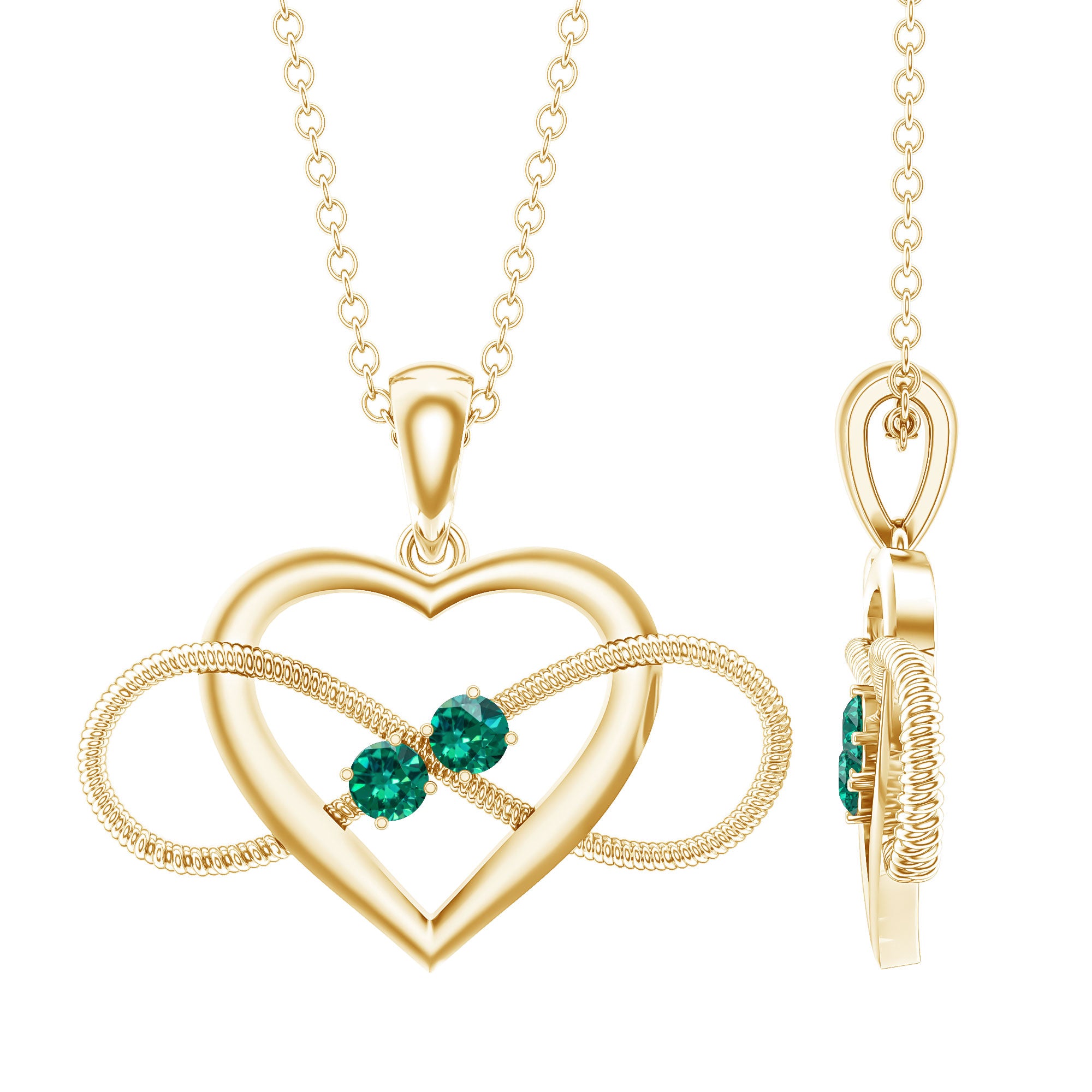 Lab Created Emerald Heart and Infinity Pendant Necklace AAAA - Rosec Jewels