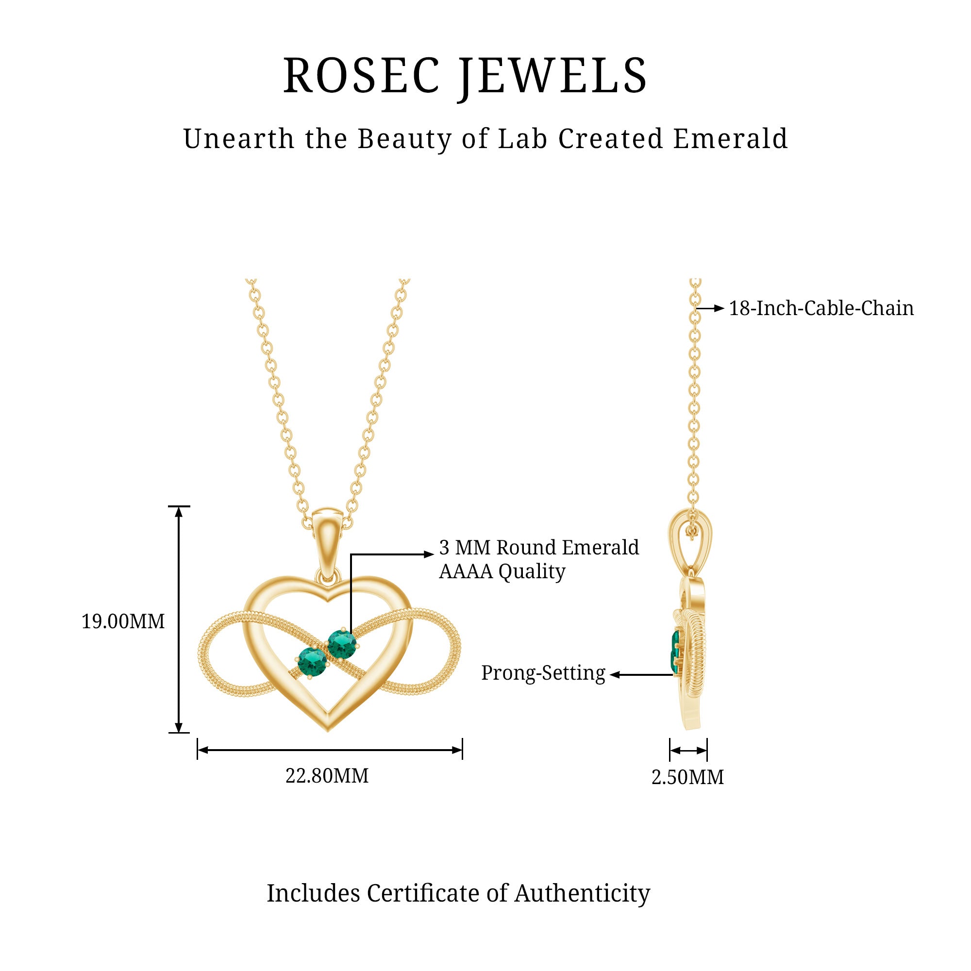 Lab Created Emerald Heart and Infinity Pendant Necklace AAAA - Rosec Jewels