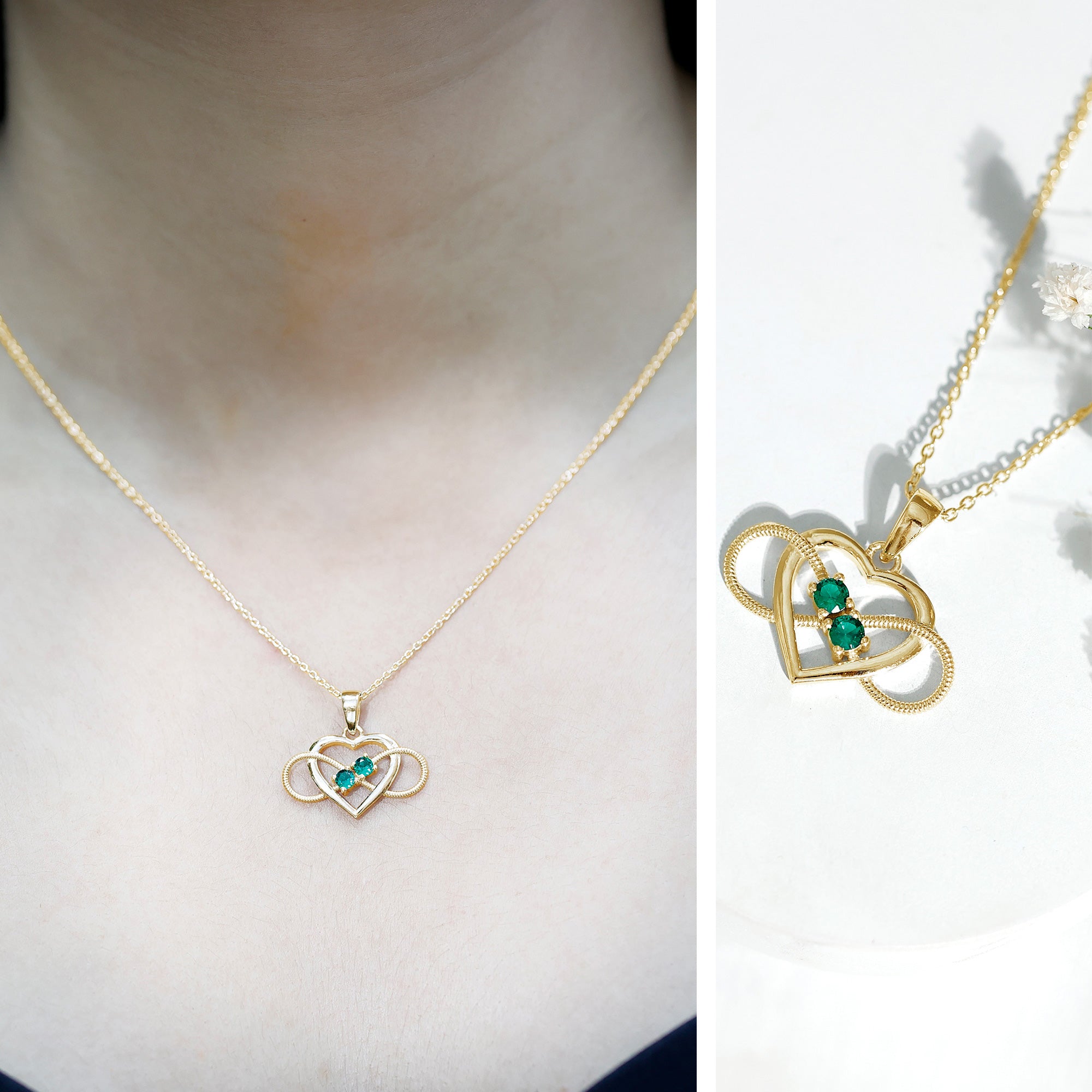 Lab Created Emerald Heart and Infinity Pendant Necklace AAAA - Rosec Jewels