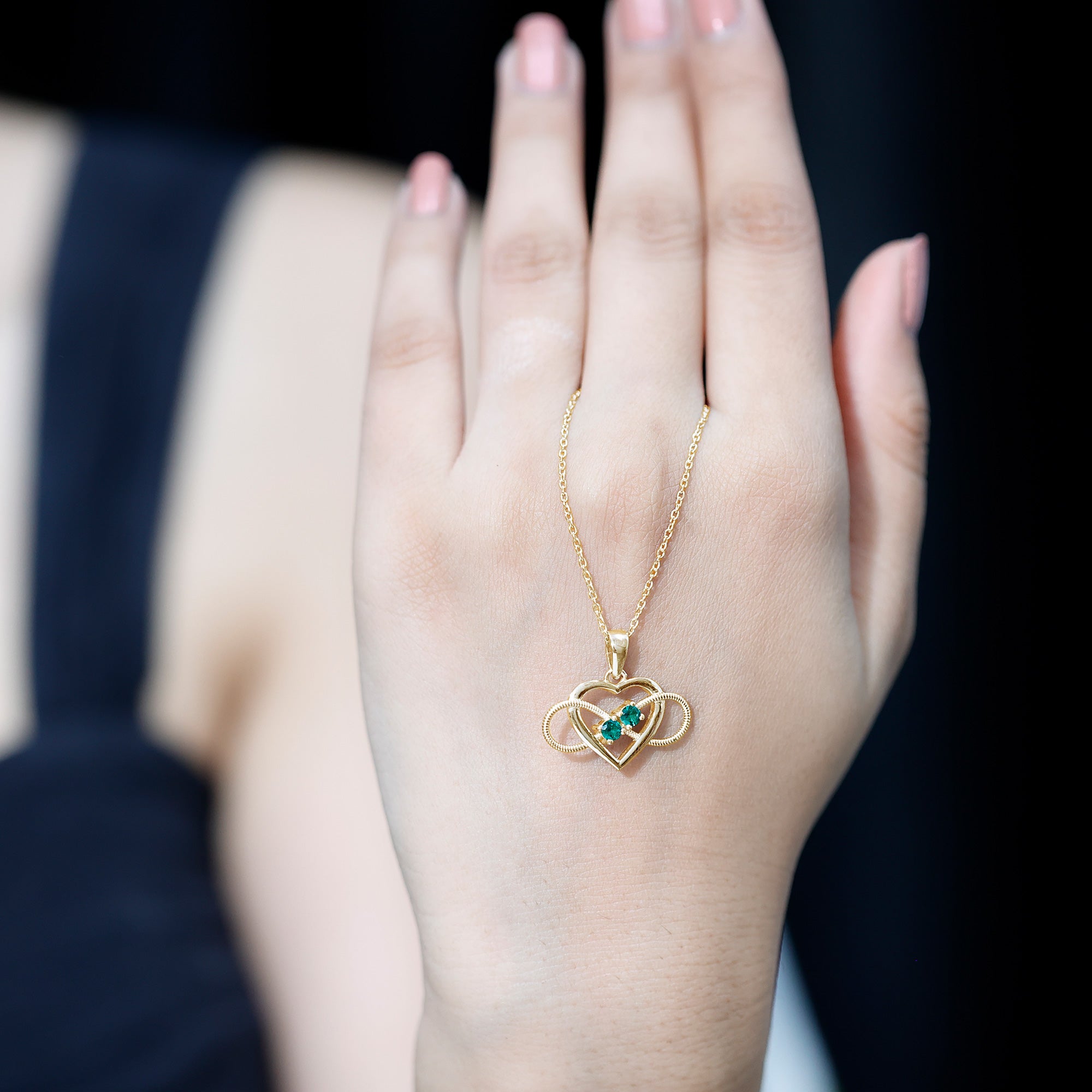 Lab Created Emerald Heart and Infinity Pendant Necklace AAAA - Rosec Jewels