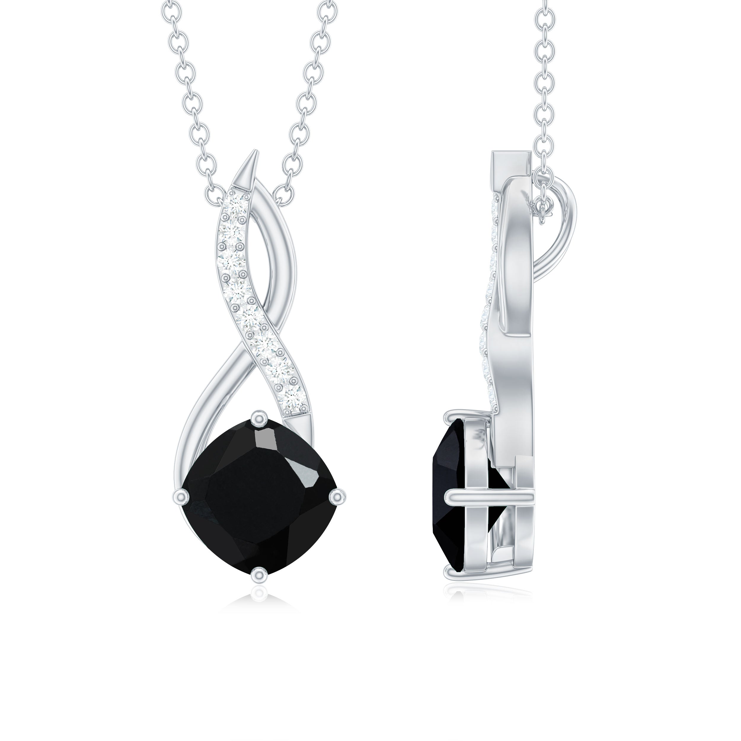Cushion Cut Black Onyx Solitaire Infinity Necklace with Moissanite