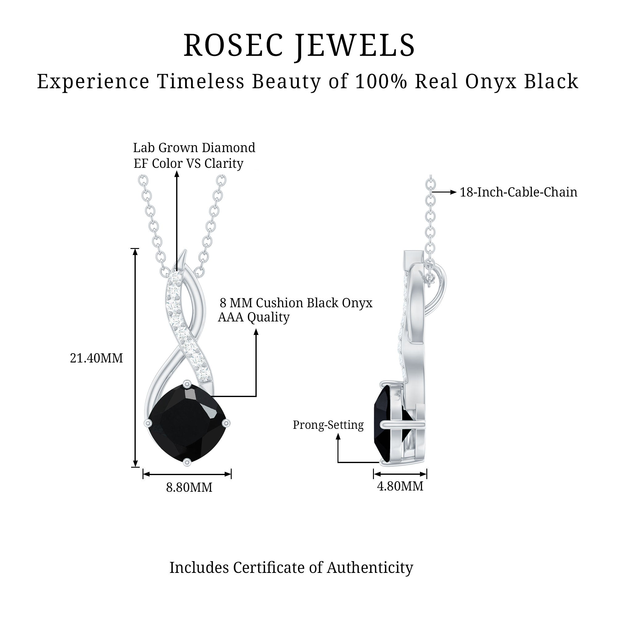 Cushion Cut Black Onyx Solitaire Infinity Necklace with Lab Diamond AAA - Rosec Jewels