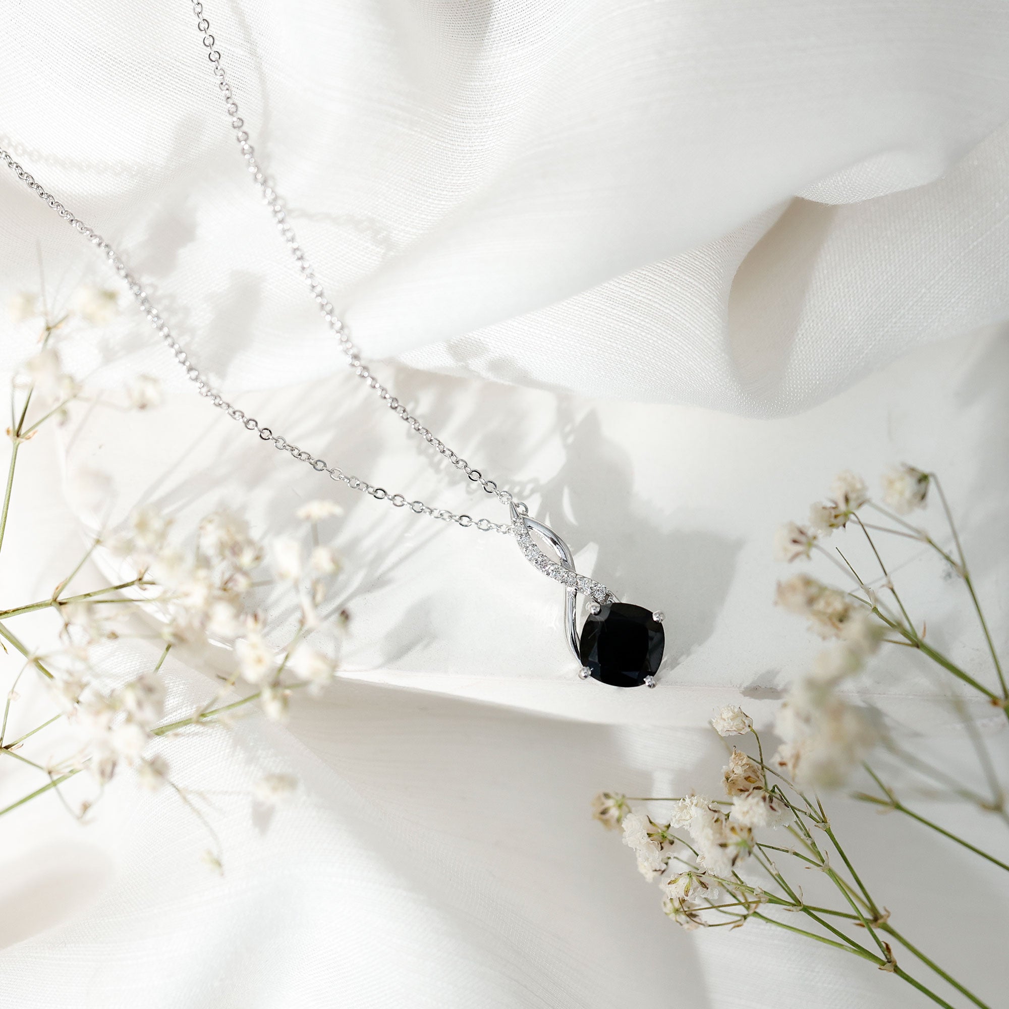 Cushion Cut Black Onyx Solitaire Infinity Necklace with Lab Diamond AAA - Rosec Jewels
