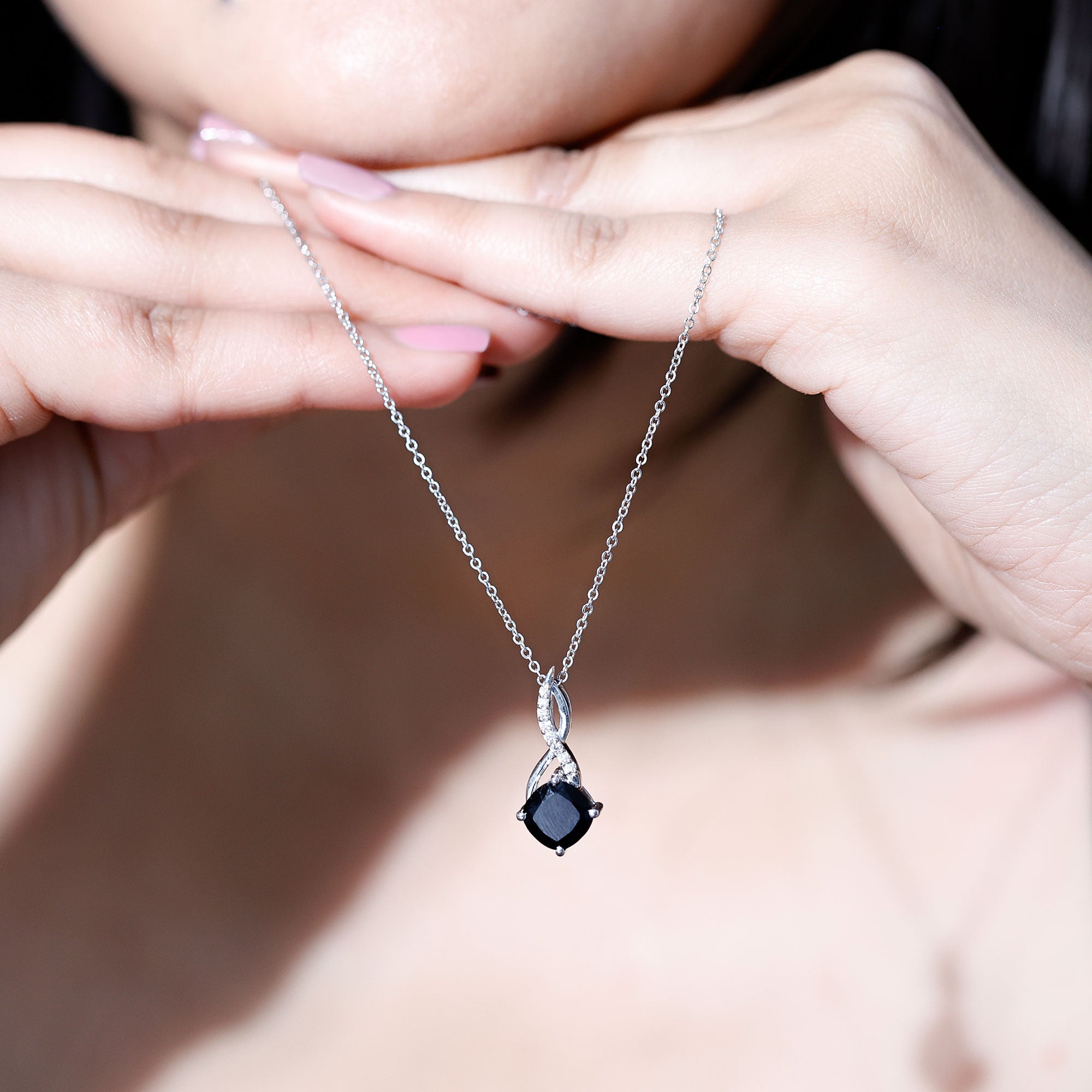 Cushion Cut Black Onyx Solitaire Infinity Necklace with Lab Diamond AAA - Rosec Jewels