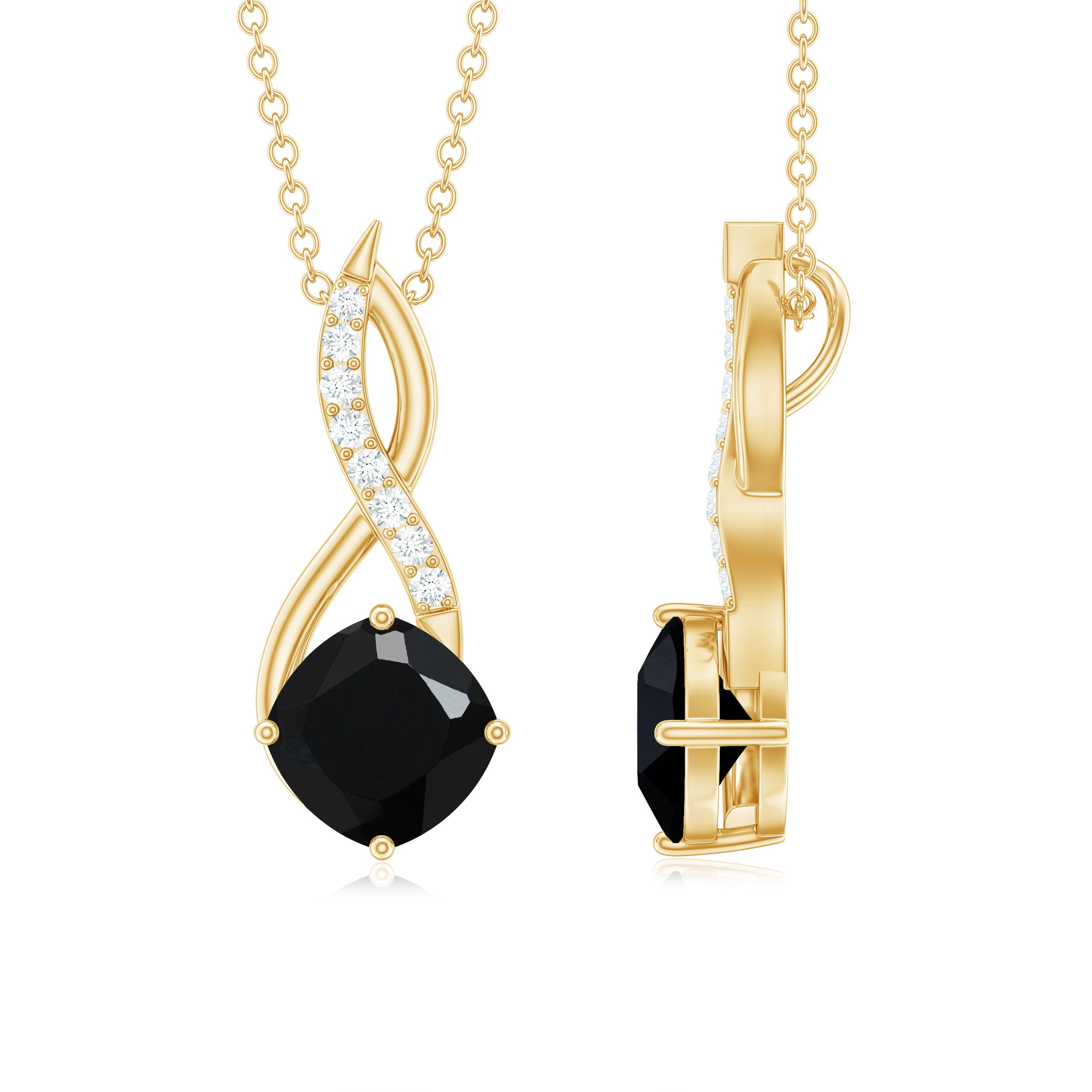 Cushion Cut Black Onyx Solitaire Infinity Necklace with Lab Diamond AAA - Rosec Jewels