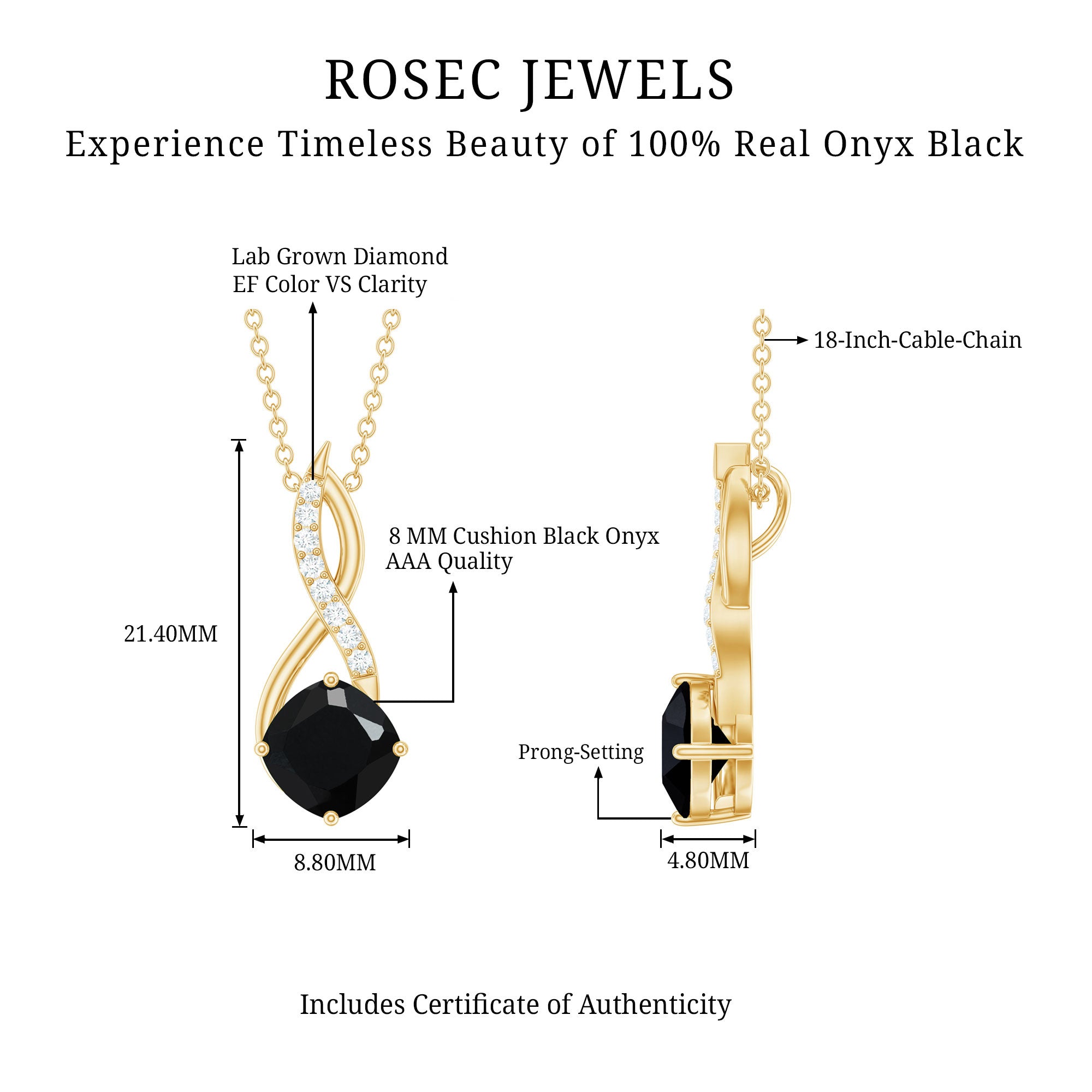Cushion Cut Black Onyx Solitaire Infinity Necklace with Lab Diamond AAA - Rosec Jewels